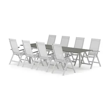 Trädgårdsgrupp Comfort Garden Tunis utomhus matgrupp förlängningsbart 205/305x90 cm med 8 Monaco Light positionsstolar