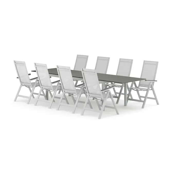 Trädgårdsgrupp Comfort Garden Tunis utomhus matgrupp förlängningsbart 205/305x90 cm med 8 Monaco Light positionsstolar