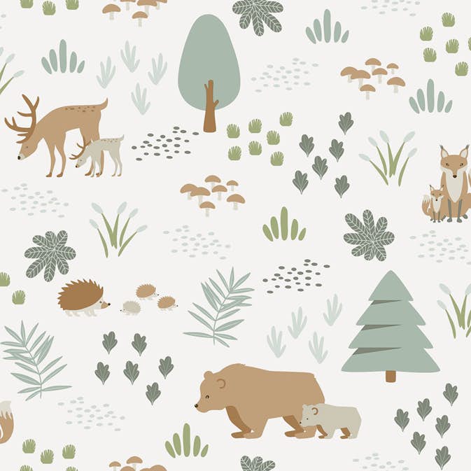 Tapet ESTAhome Skog Med Djur Vitt, Grönt Och Beige EW139247