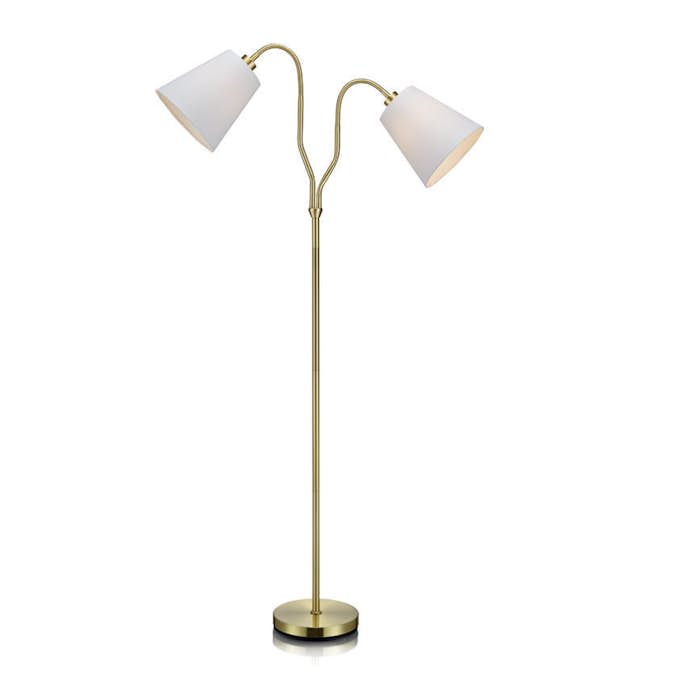 Golvlampa Markslöjd Modena i Mässing, Tvåarmad Lampa med Vit Textilskärm