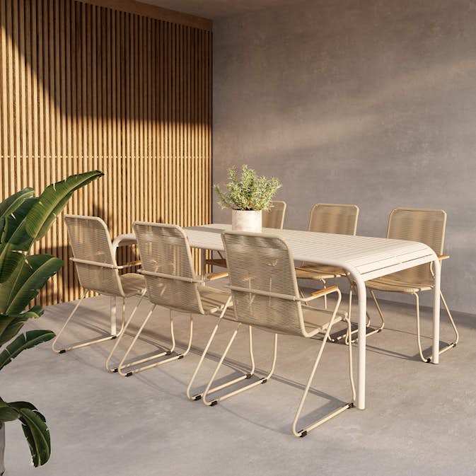 Trädgårdsmatgrupp Venture Home Borneo Rektangulärt Matbord 200x100x75 Beige med 6 st BoisTrädgårdsstolar Beige