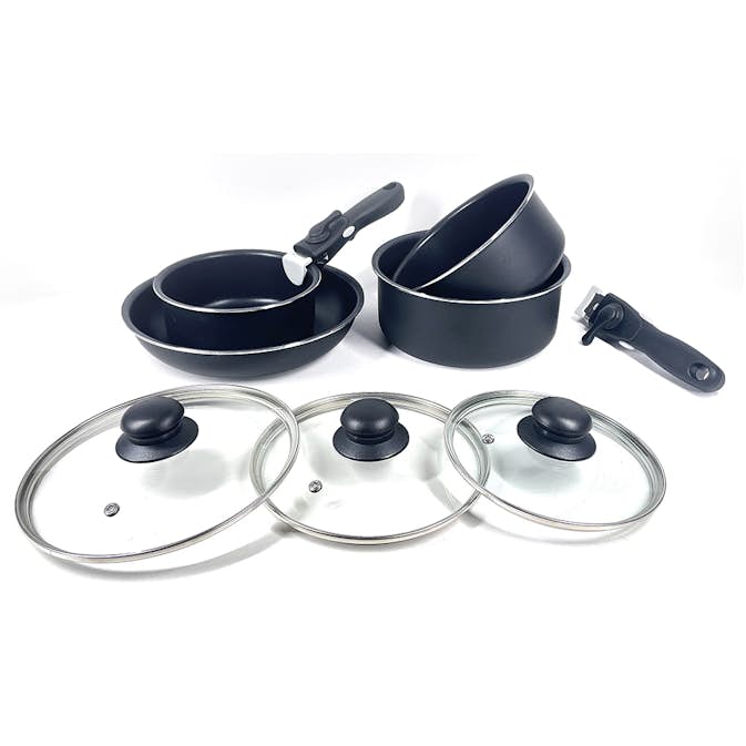 Grytset Smart Living Svart 9 Delar Grytor & Stekjärn med Avtagbara Hantag & Non-Stick