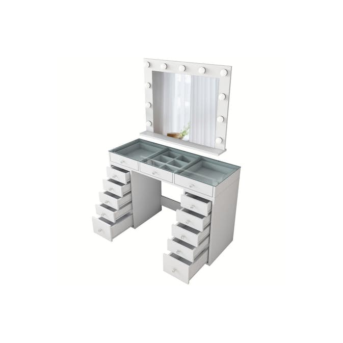 Sminkbord Scandinavian Choice Ramender Komplett med Sminkspegel, förvaring & Bordsskiva i Glas 120cm