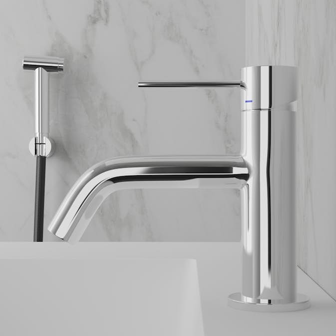 Tvättställsblandare Scandtap Steel Voyage med Sidodusch