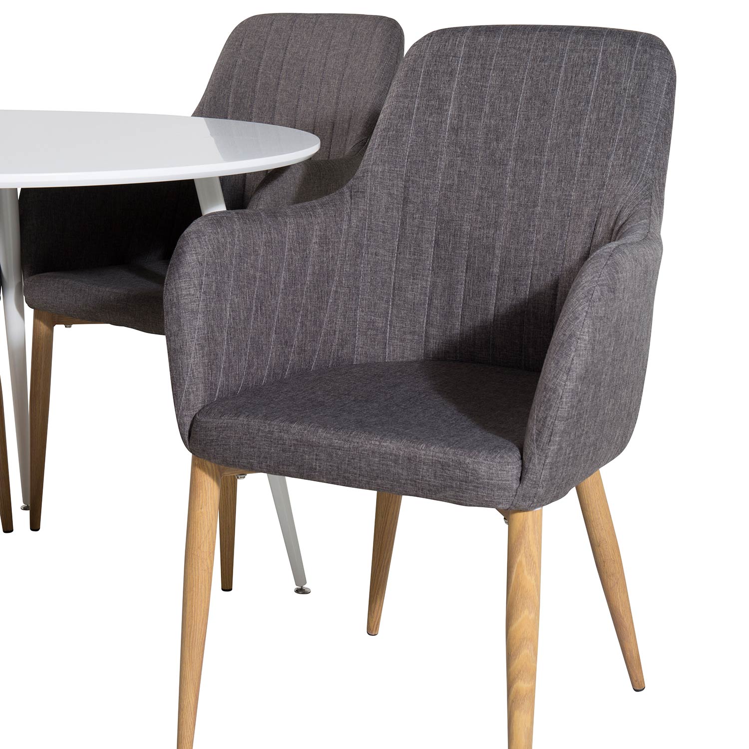 Plaza Round Table - White top /Comfort Chair- Darkgrå/ Oak_4 Vit/Mörkgrå/Ek