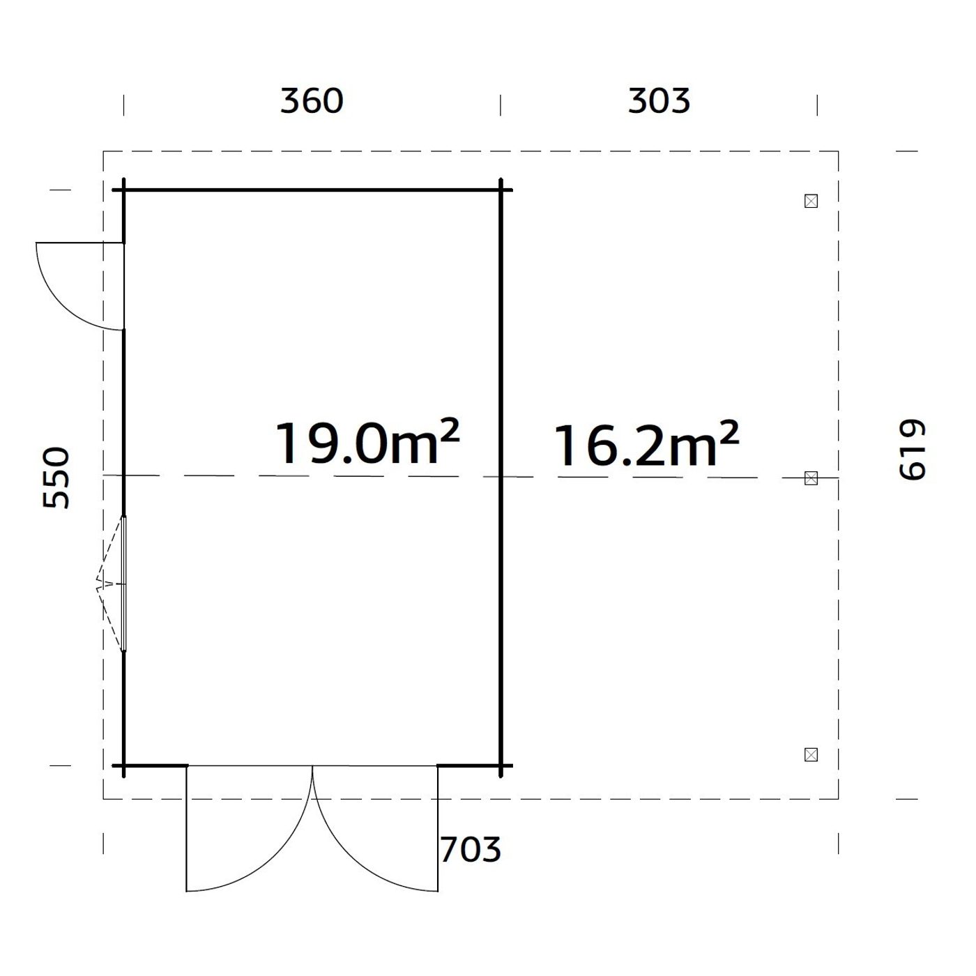 Roger 19,0+16,2 m2 with wooden gate PNT7012W2 Målad grå RAL7012 + vit RAL9016