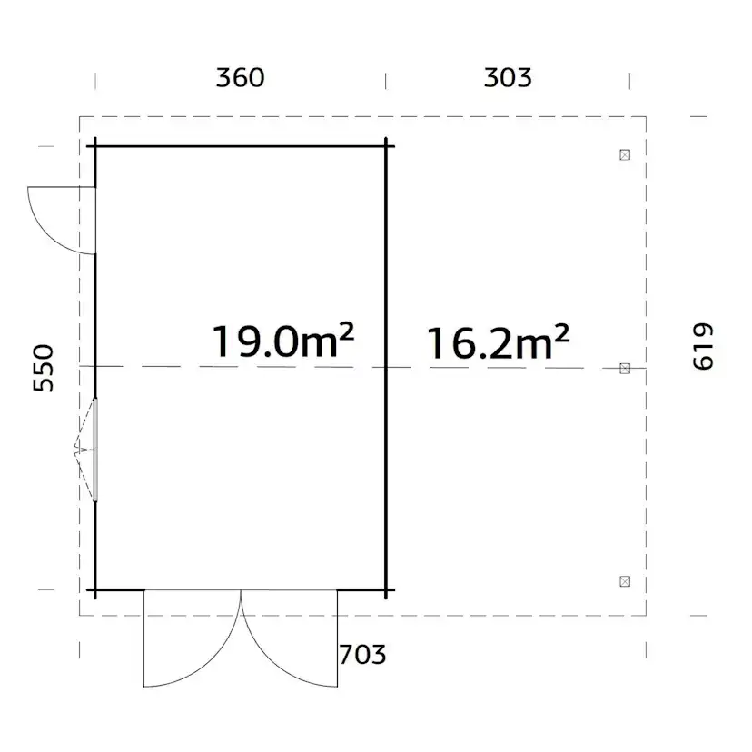 Roger 19,0+16,2 m2 with wooden gate PNT7012W2 Målad grå RAL7012 + vit RAL9016