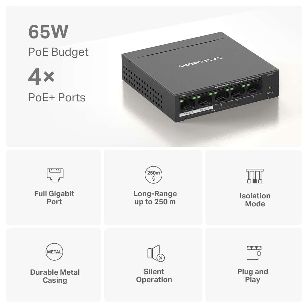 Desktop Switch Mercusys MS105GP 5-Port Gigabit with 4-Port PoE+