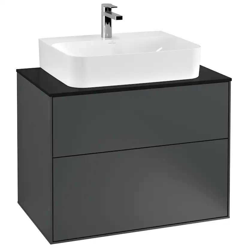 Tvättställsskåp Villeroy & Boch Finion F09200HG Midnattsblå Mattlack, B: 800 mm med bänkskiva i Mattsvart glas