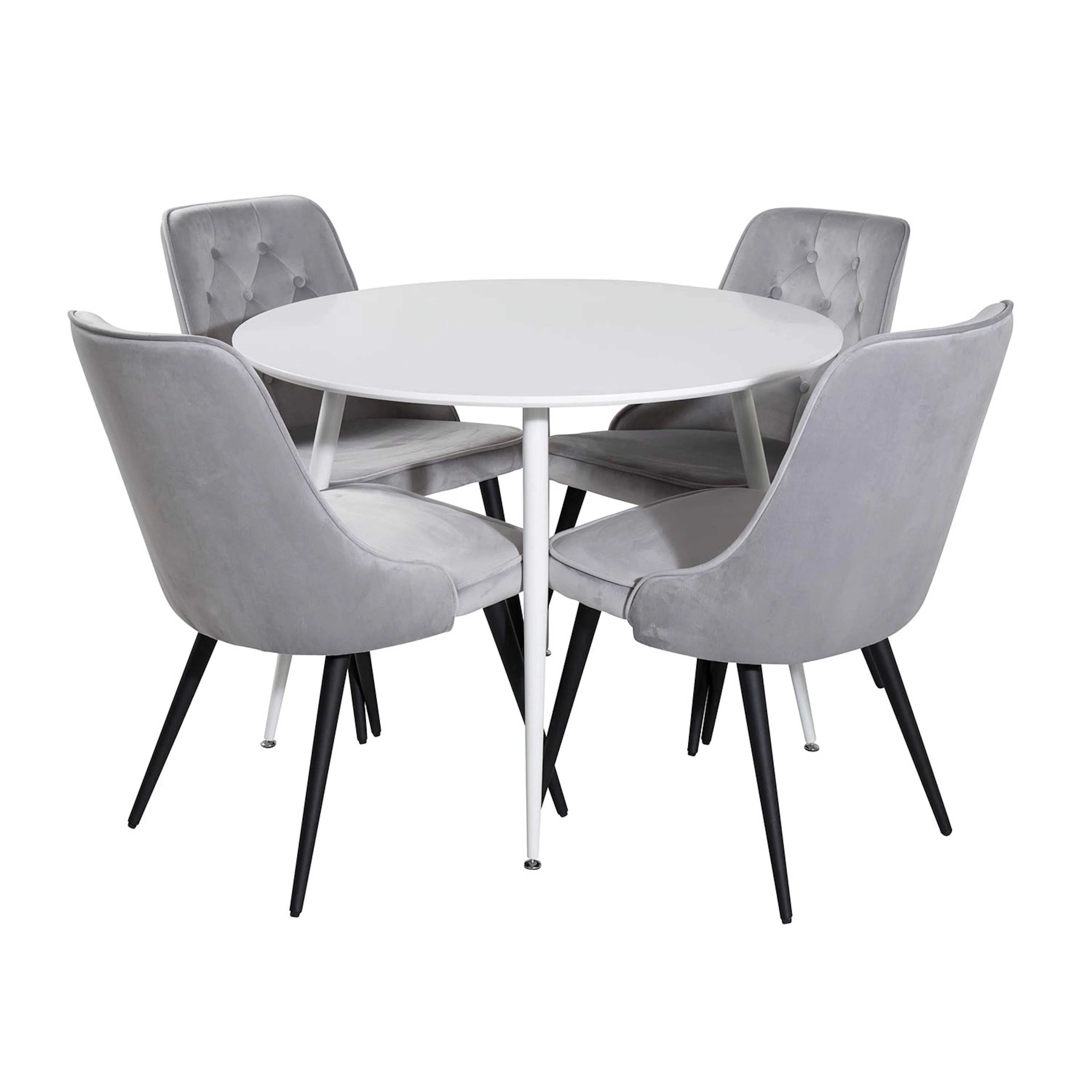 Plaza Round Table - White top/Velvet Chair -ljusgrå/ Black_4 Vitt Bord, Ljusgrå Stol, Svarta Ben