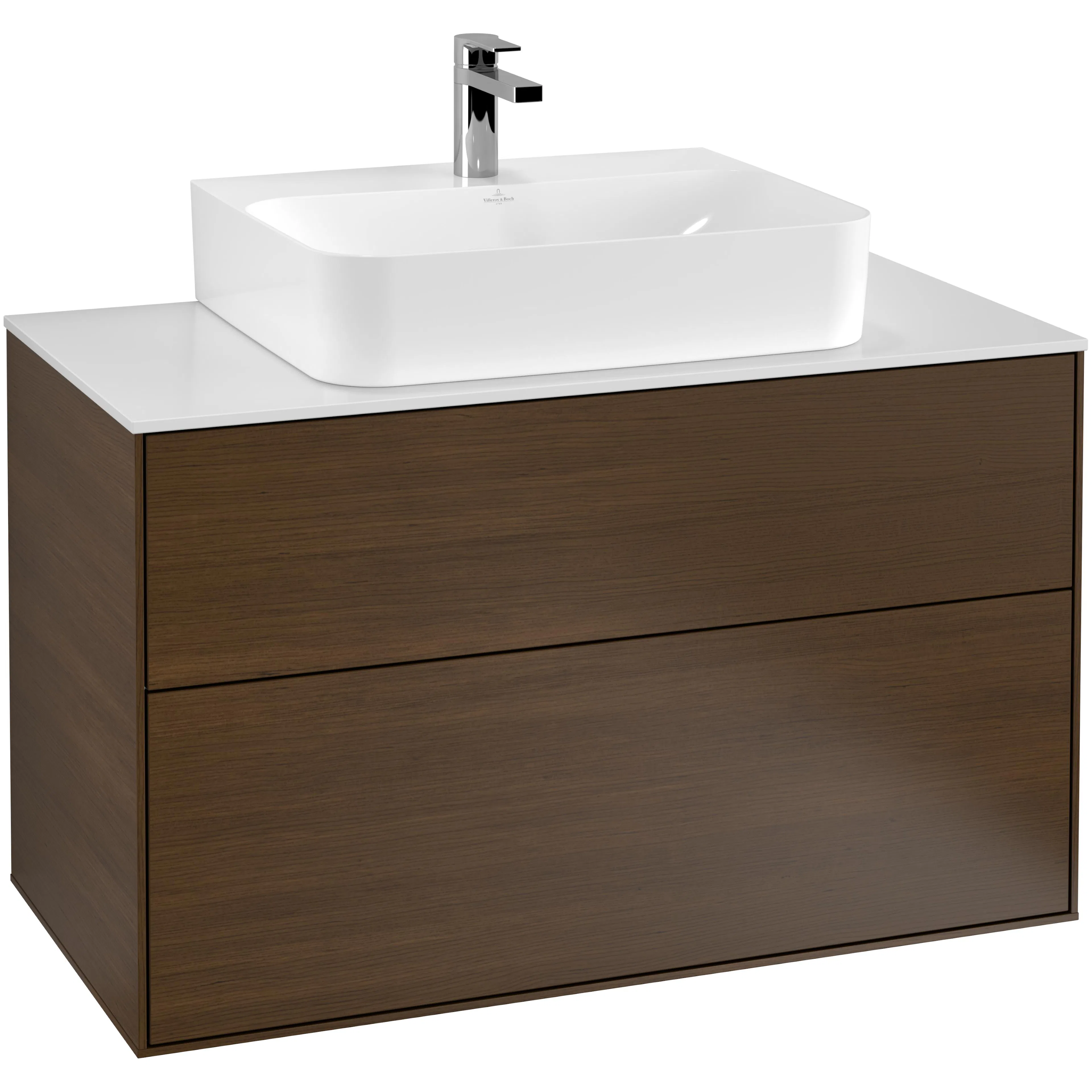 Tvättställsskåp Villeroy & Boch Finion G10100GN Valnötsfanér, B: 1000 mm med bänkskiva i Mattvitt glas med Väggbelysning