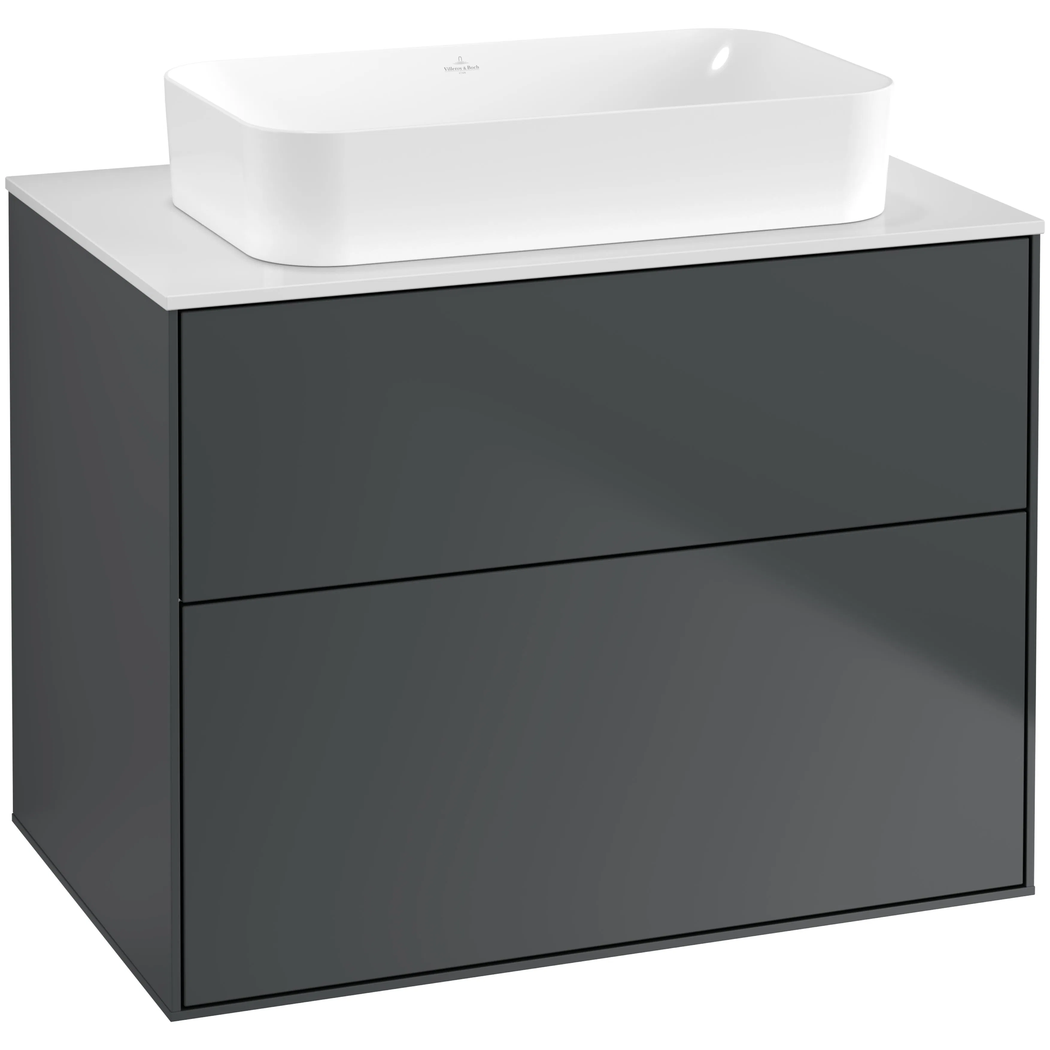 Tvättställsskåp Villeroy & Boch Finion F63100HG Midnattsblå Mattlack B: 800 mm med bänkskiva i Mattvitt glas utan Blandarhål