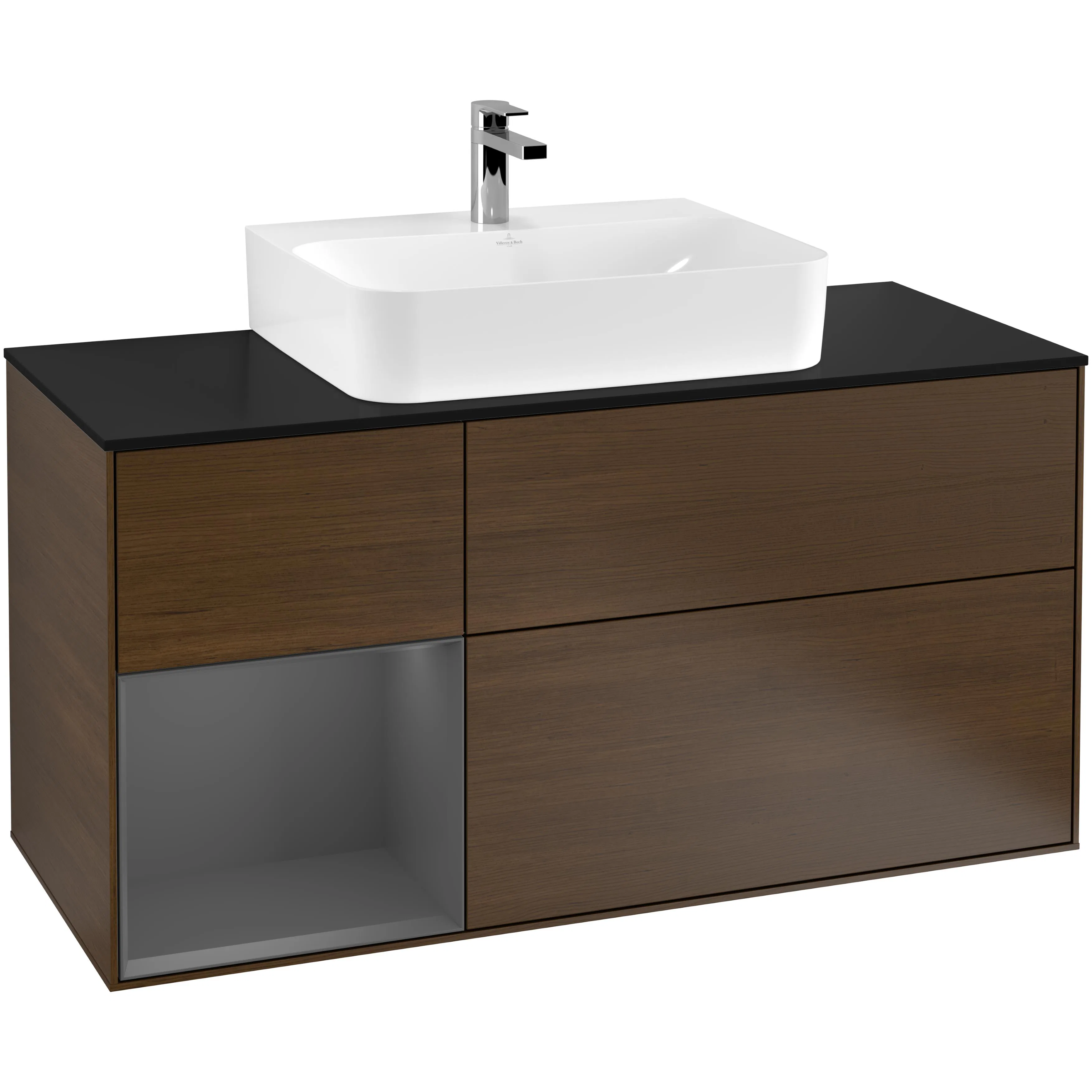 Tvättställsskåp Villeroy & Boch Finion G162GKGN Valnötsfanér/Antracitgrå Mattlack med bänkskiva i Mattsvart glas med Väggbelysning, Lucka Vänster