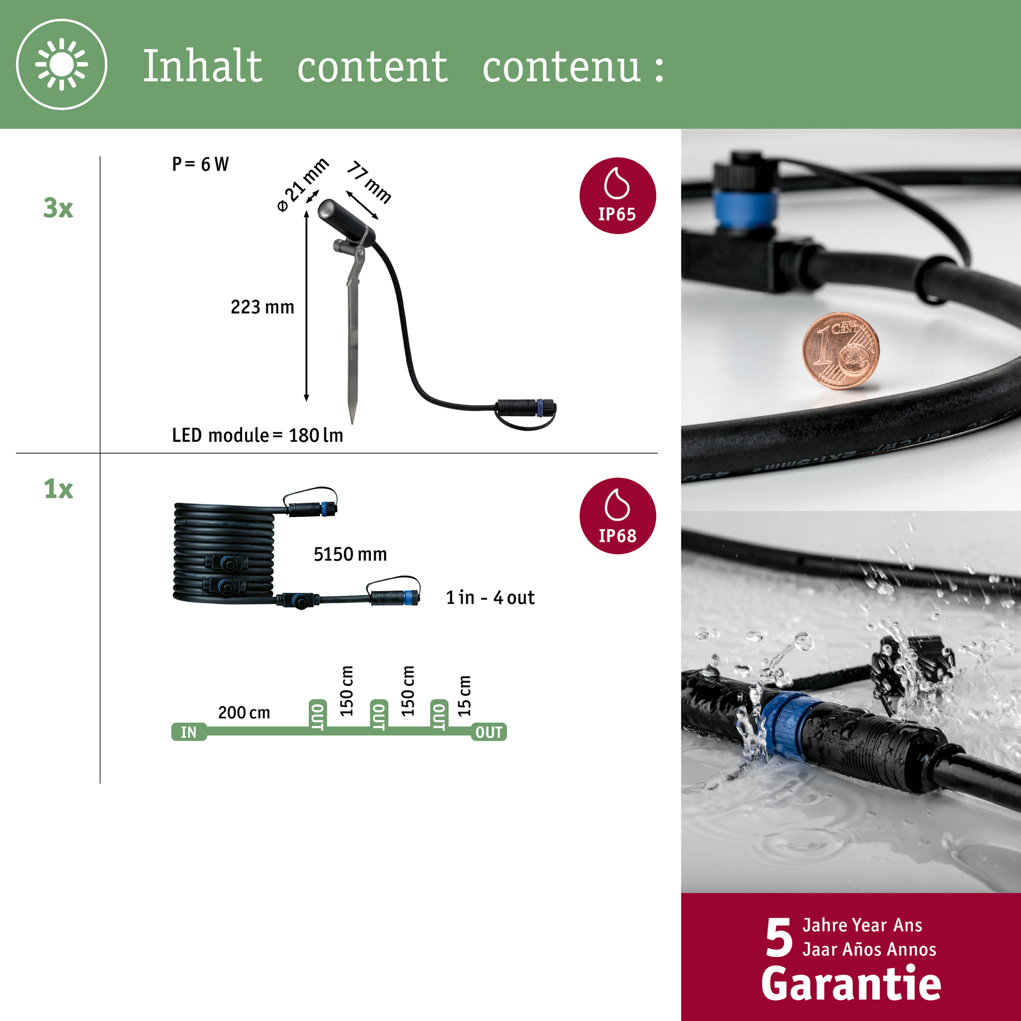 Spotlight Paulmann Plantini Plug & Shine LED IP65 24V Förlängningsset 3-pack med Kabel
