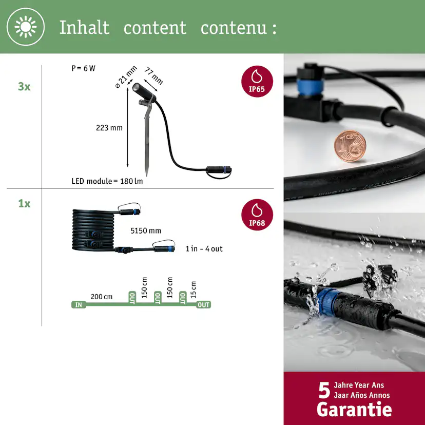 Spotlight Paulmann Plantini Plug & Shine LED IP65 24V Förlängningsset 3-pack med Kabel