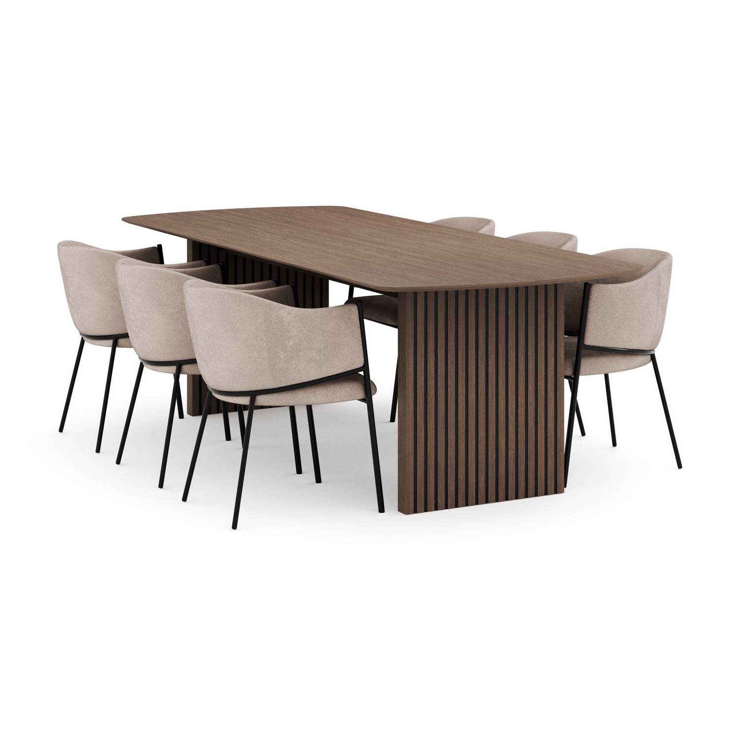 Matgrupp Bark Richeto Rektangulärt Matbord 240 cm Rökt Ek med 6 Evelina Matstol