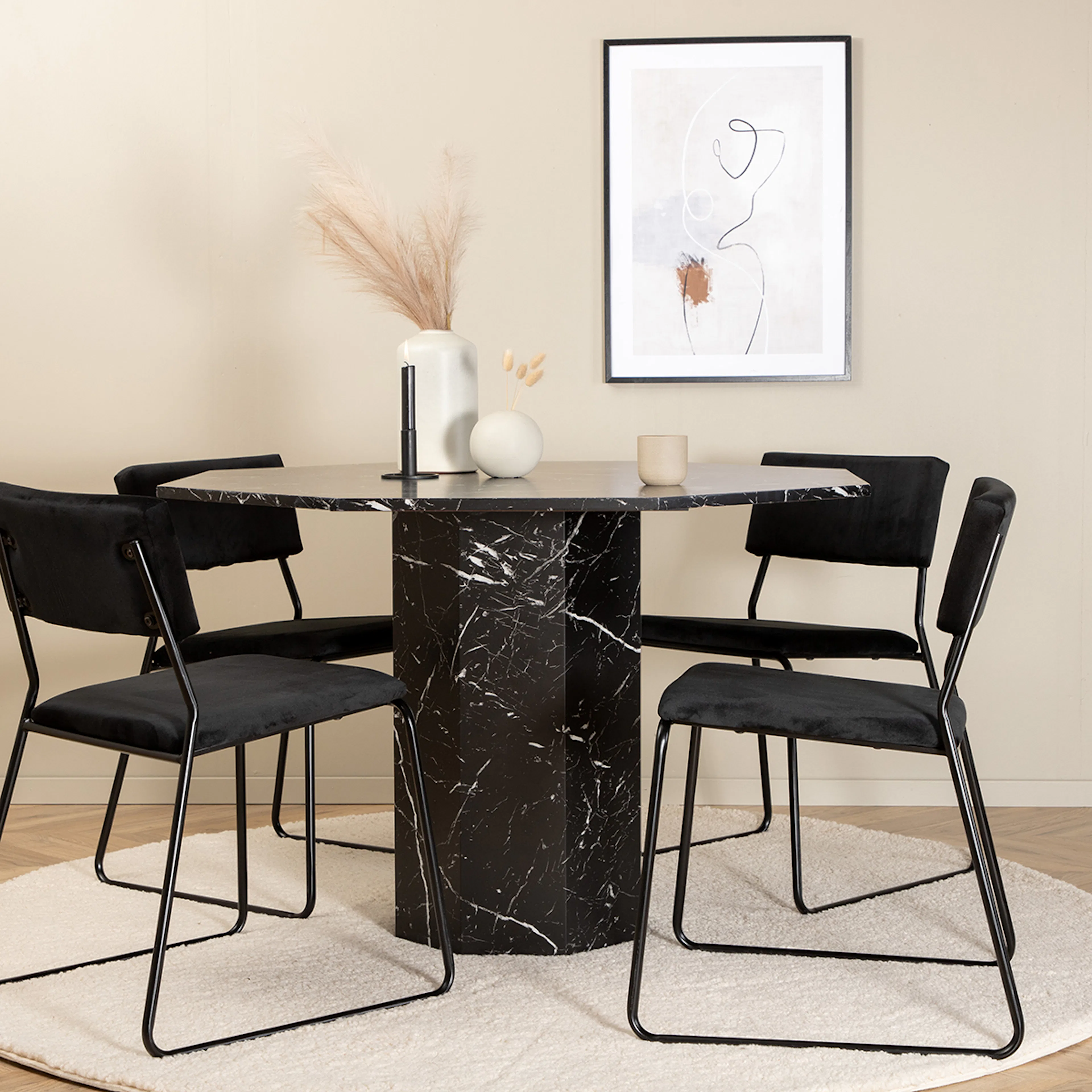 Marbs Round Dining Table  - Black / Black Glass Marble+Kenth Sammet/Svart