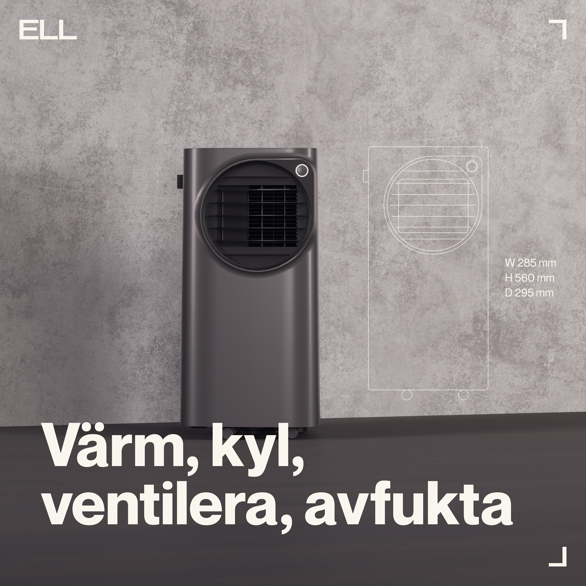 Portabel AC ELL Atmos 12000BTU 4-i-1 Funktion Kyla/Värme/Avfuktning/Ventilation