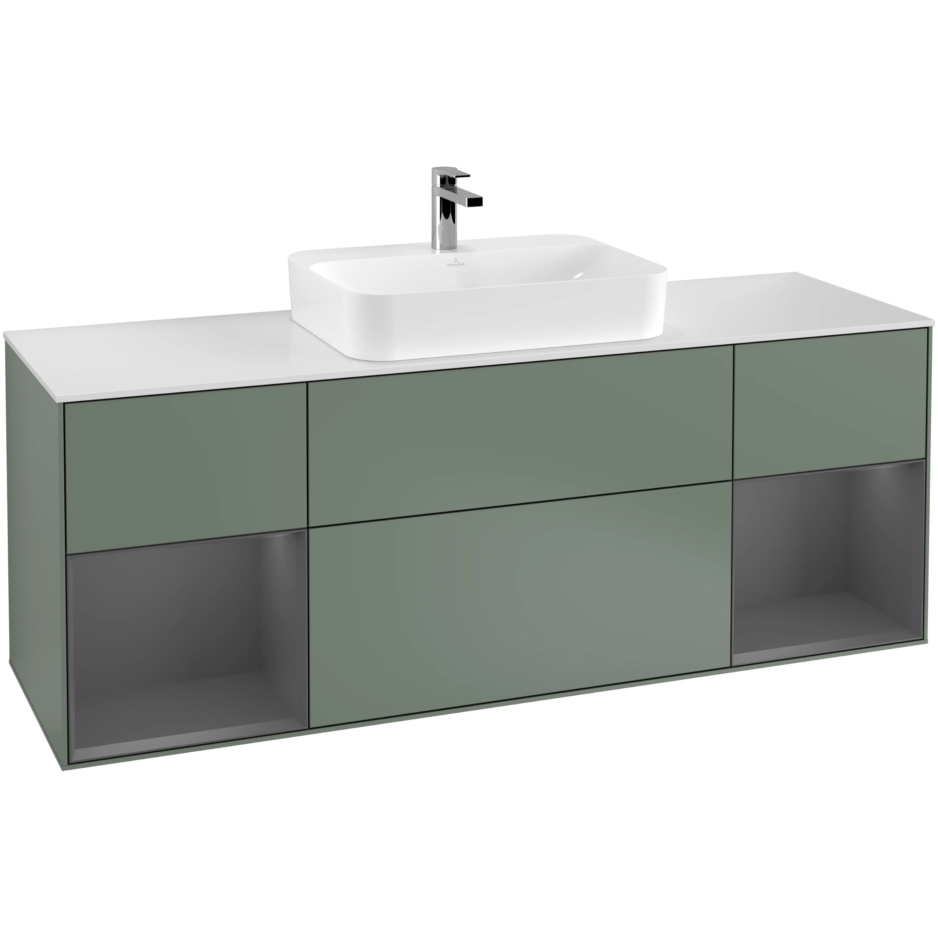 Tvättställsskåp Villeroy & Boch Finion F451GKGM Oliv Mattlack/Antracitgrå Mattlack med bänkskiva i Mattvitt glas