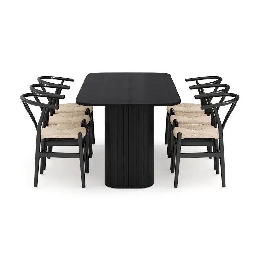 Matgrupp Bark Kopparbo Rektangulärt Matbord 200x90 cm med 6 Dastoori Matstol Svart