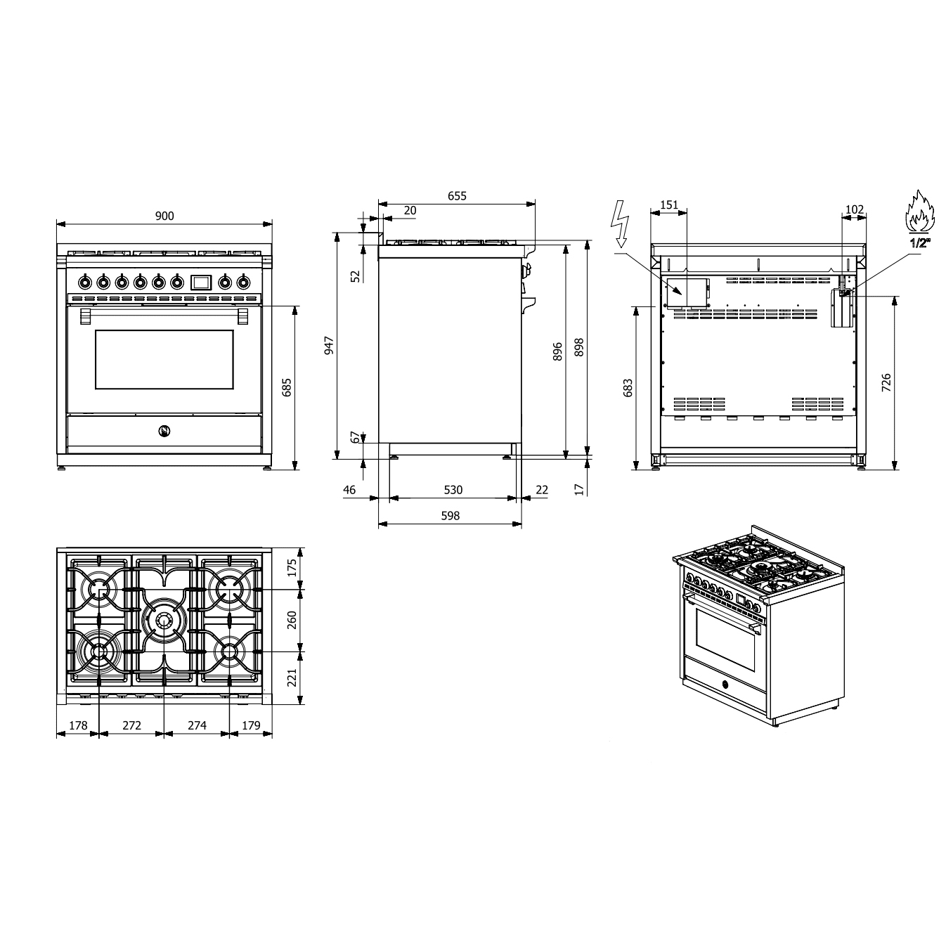 Gasolspis Steel Ascot Combi-Steam 90 cm Nero Brass med BBQ och ångfunktion
