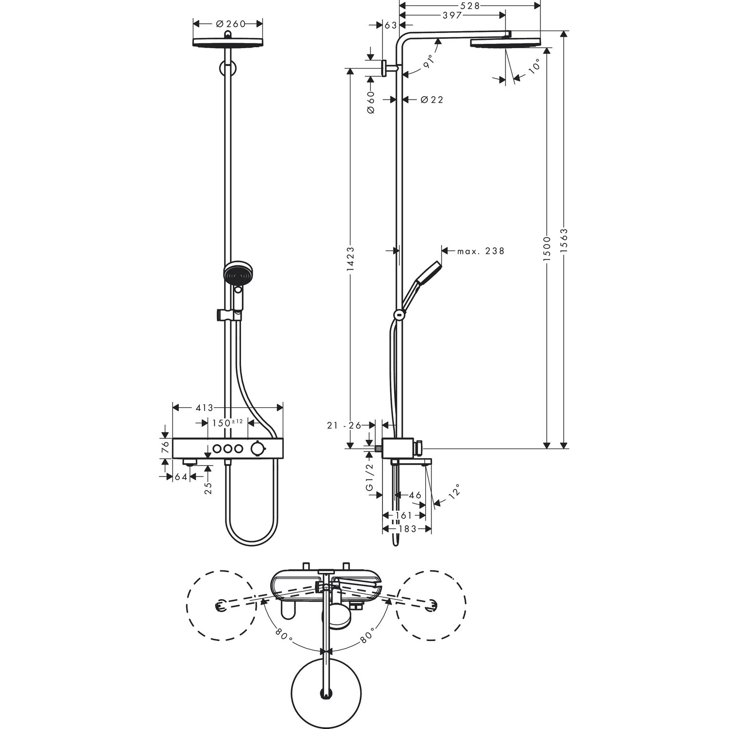 Takduschset Hansgrohe Pulsify S 260 1jet med Badkarsblandare