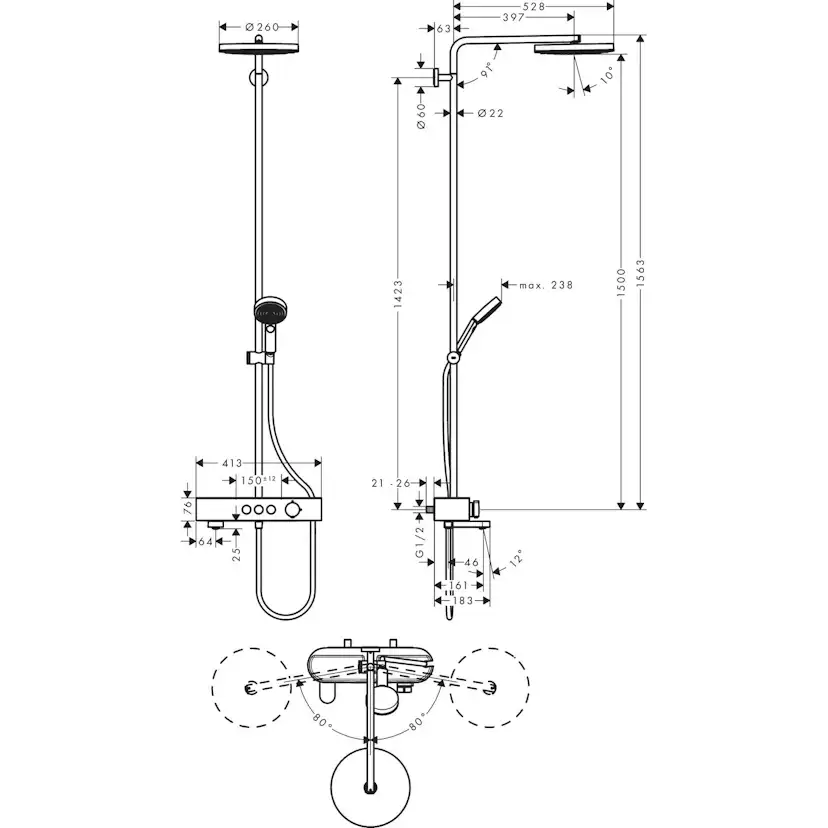 Takduschset Hansgrohe Pulsify S 260 1jet med Badkarsblandare