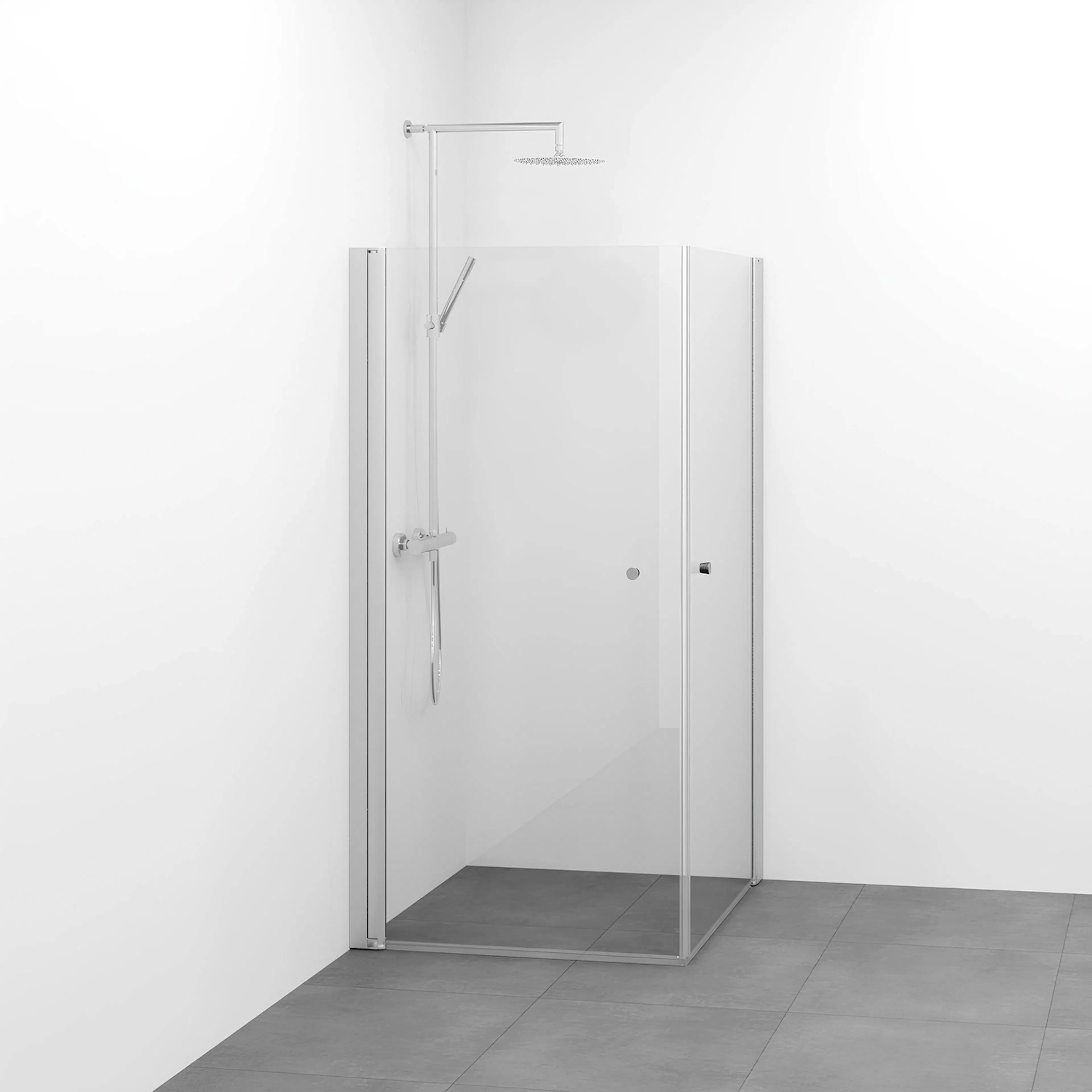 Spirit Rak 90x90 Ma Kn KLL 900x900x1800 mm, Matt Aluminium, Klarglas med Knopp