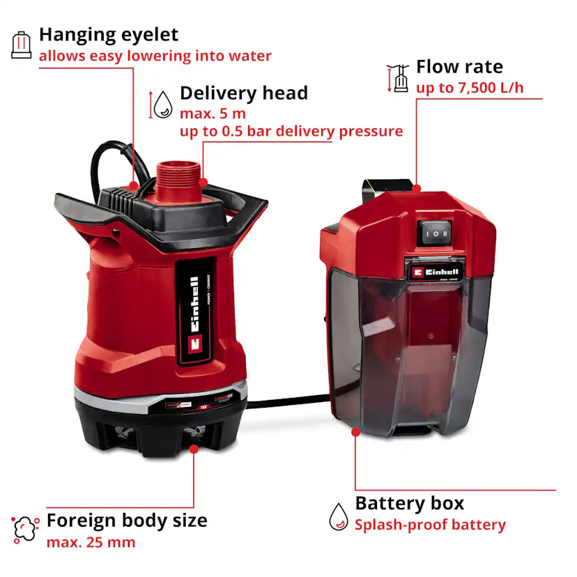 Vattenpump Einhell GE-DP 18/25 Li Utan Batteri & Laddare