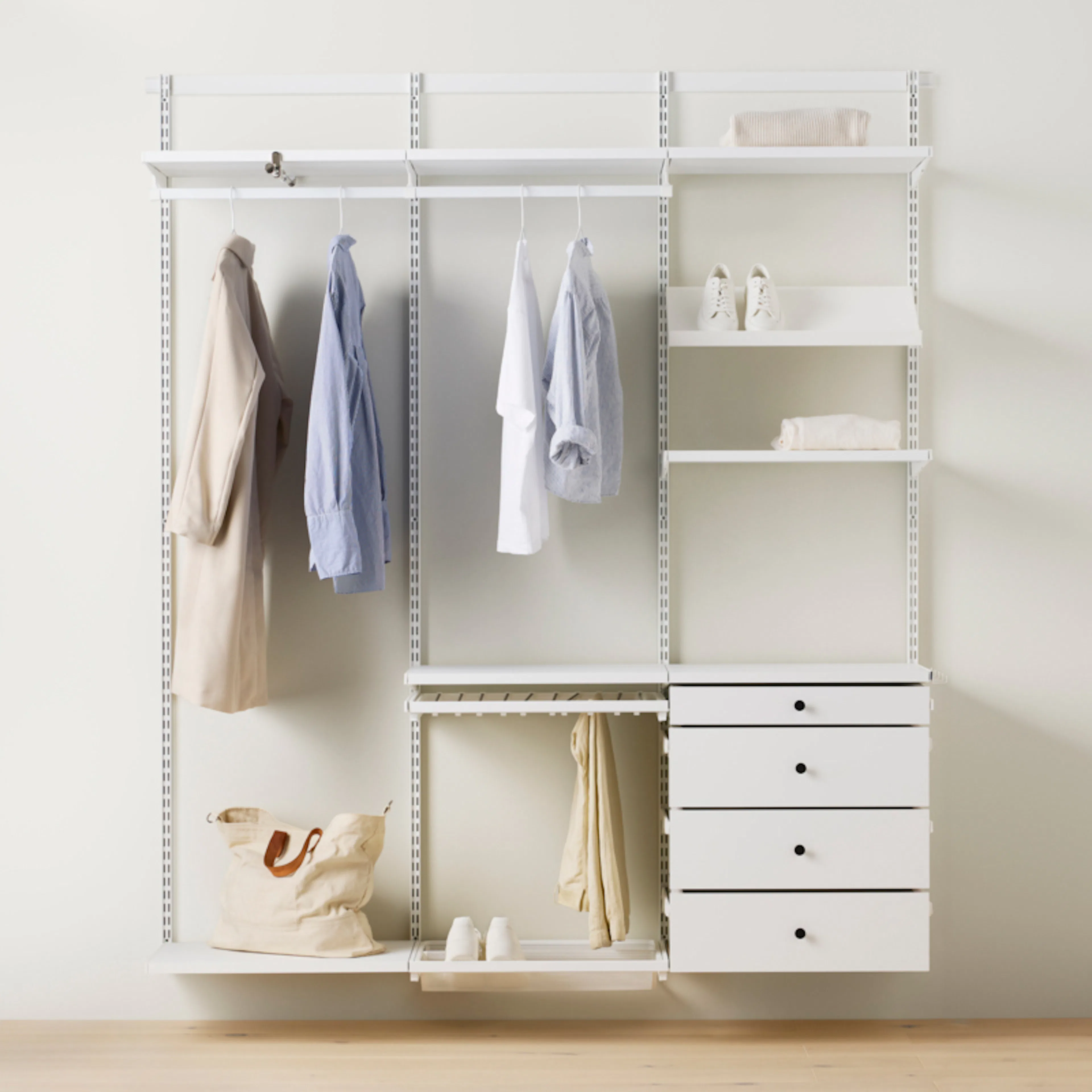 Garderobslösning Elfa Decor+ Premium med Lådor B: 1855 mm med Täcklist