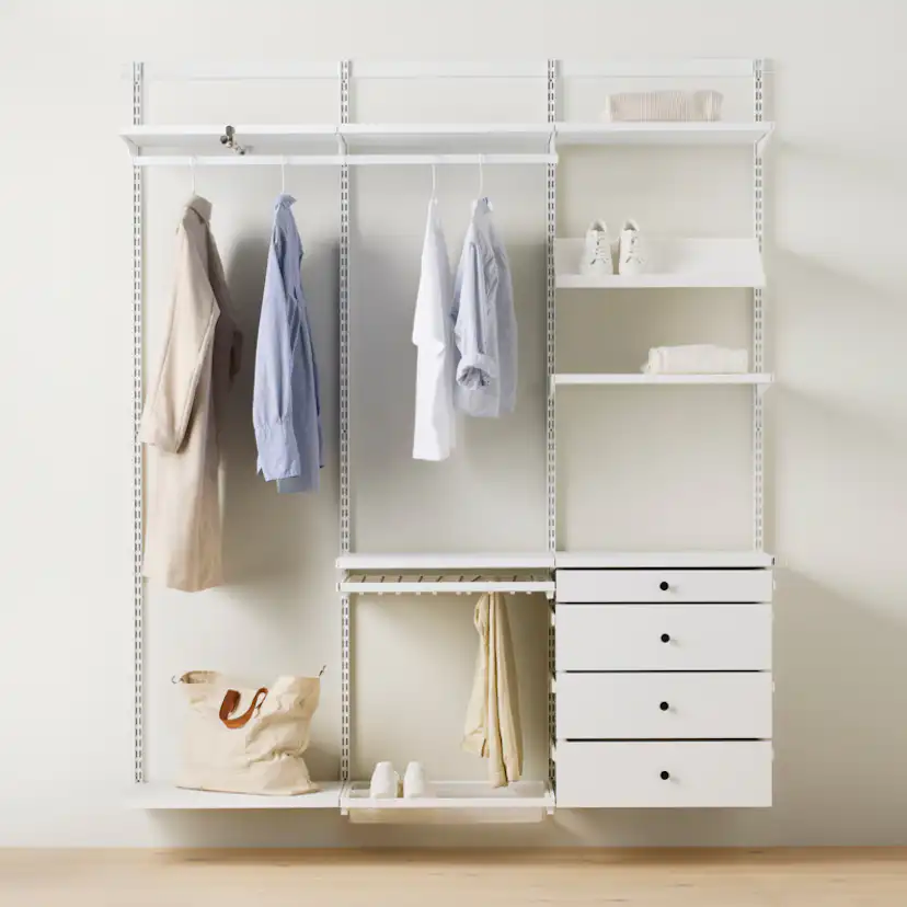 Garderobslösning Elfa Decor+ Premium med Lådor B: 1855 mm med Täcklist