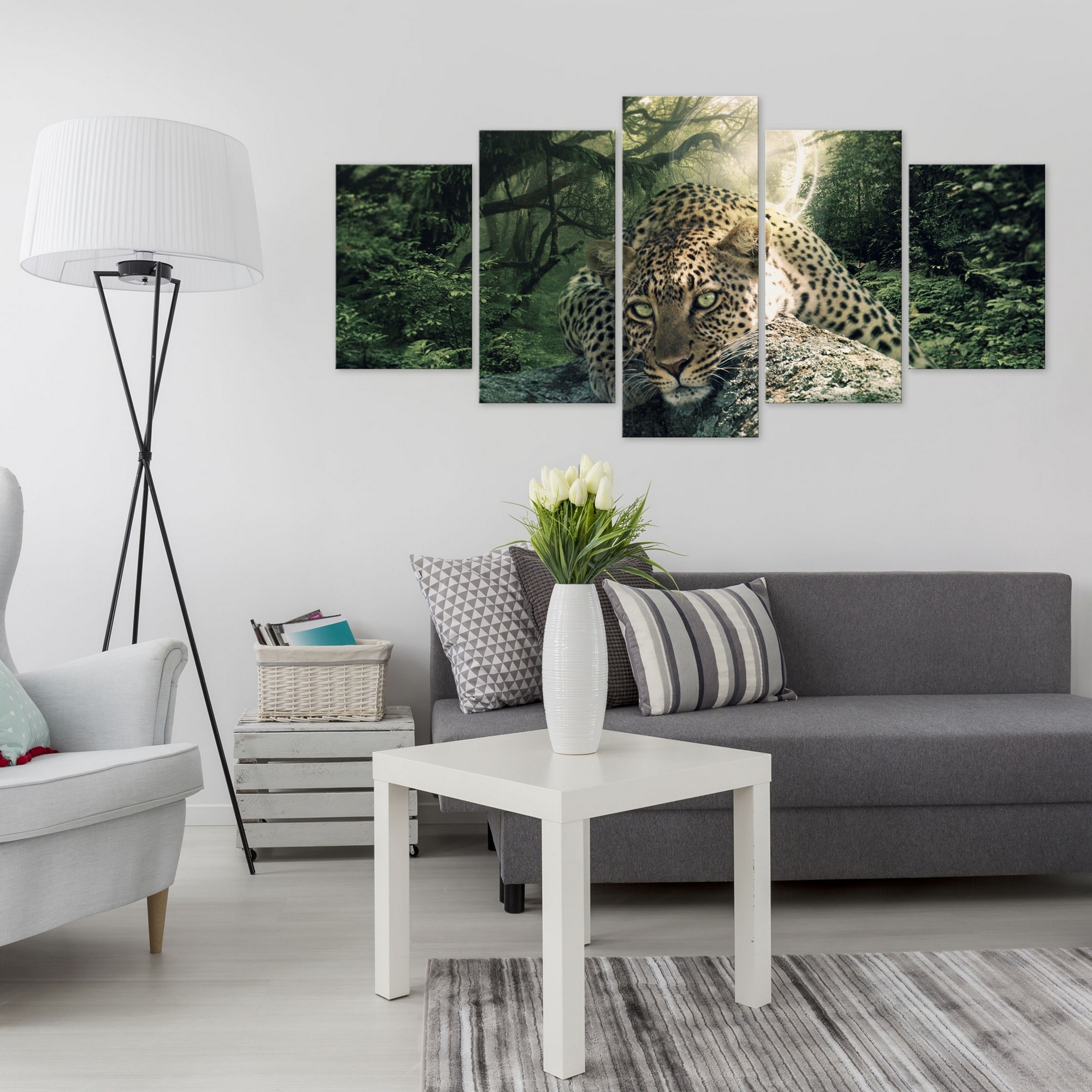 Tavla Arkiio Leopard Lying Ljus Grön 5 delar