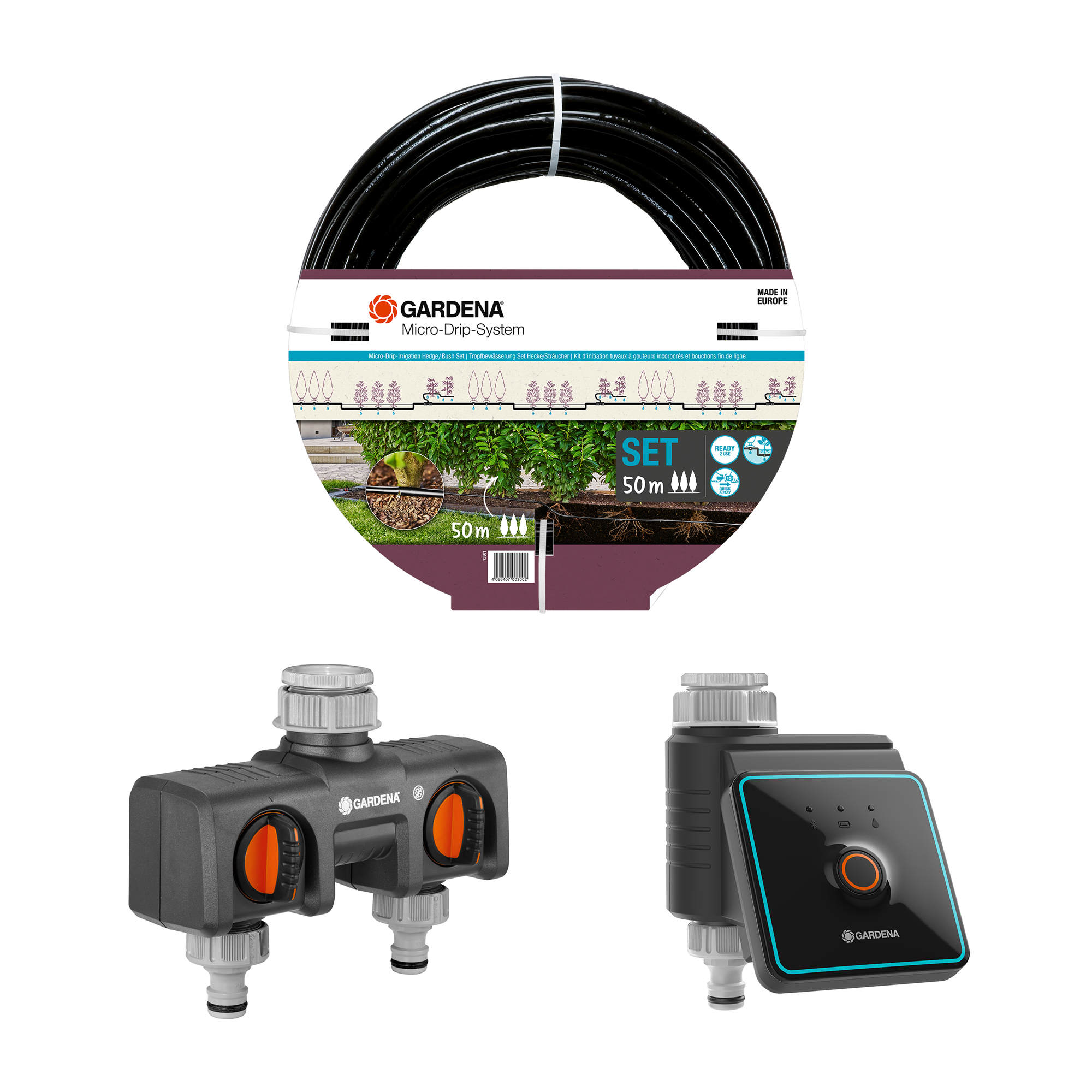 Droppslang Gardena 50 m Premiumpaket För Buskar & Häckar med Vattenfördelare & Bevattningsdator