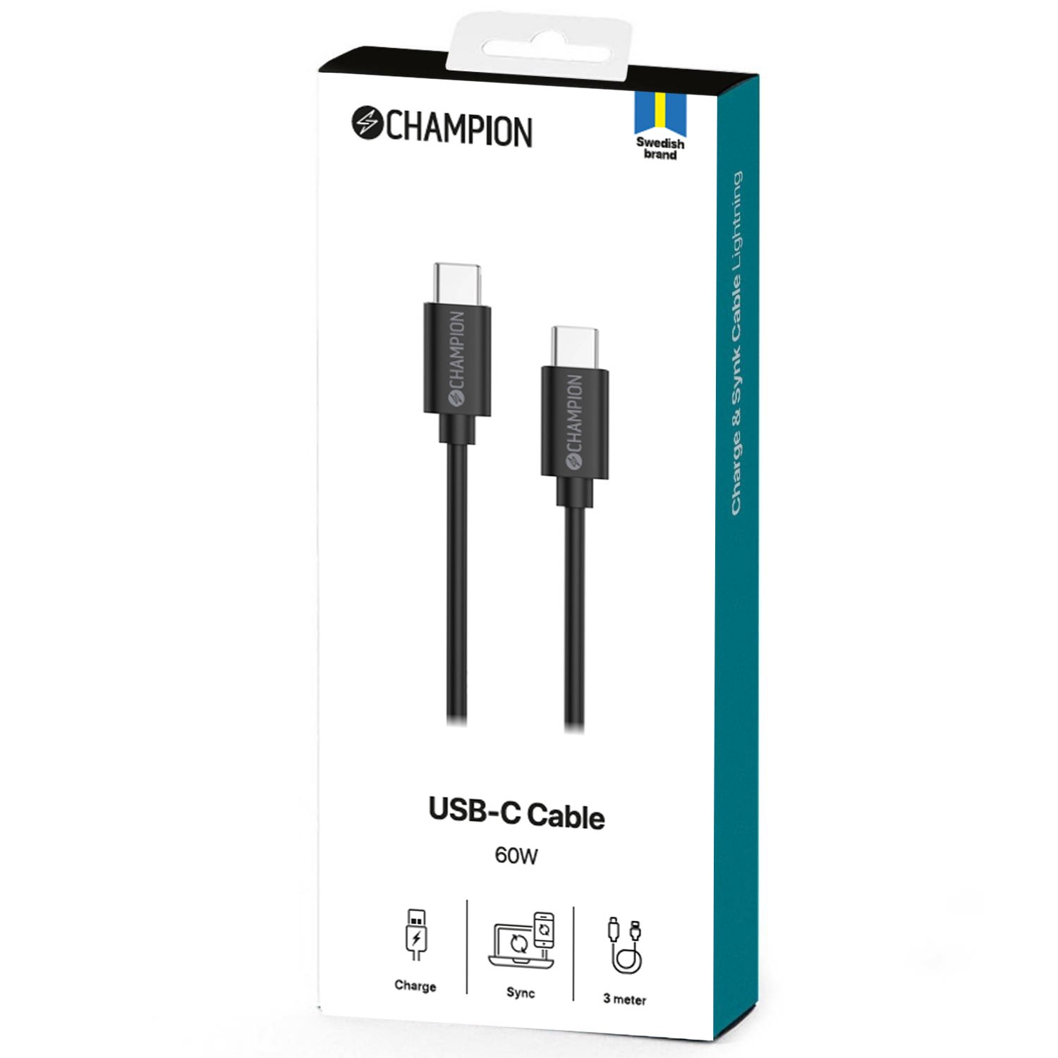 USB-C Kabel Champion 60W 3m Svart