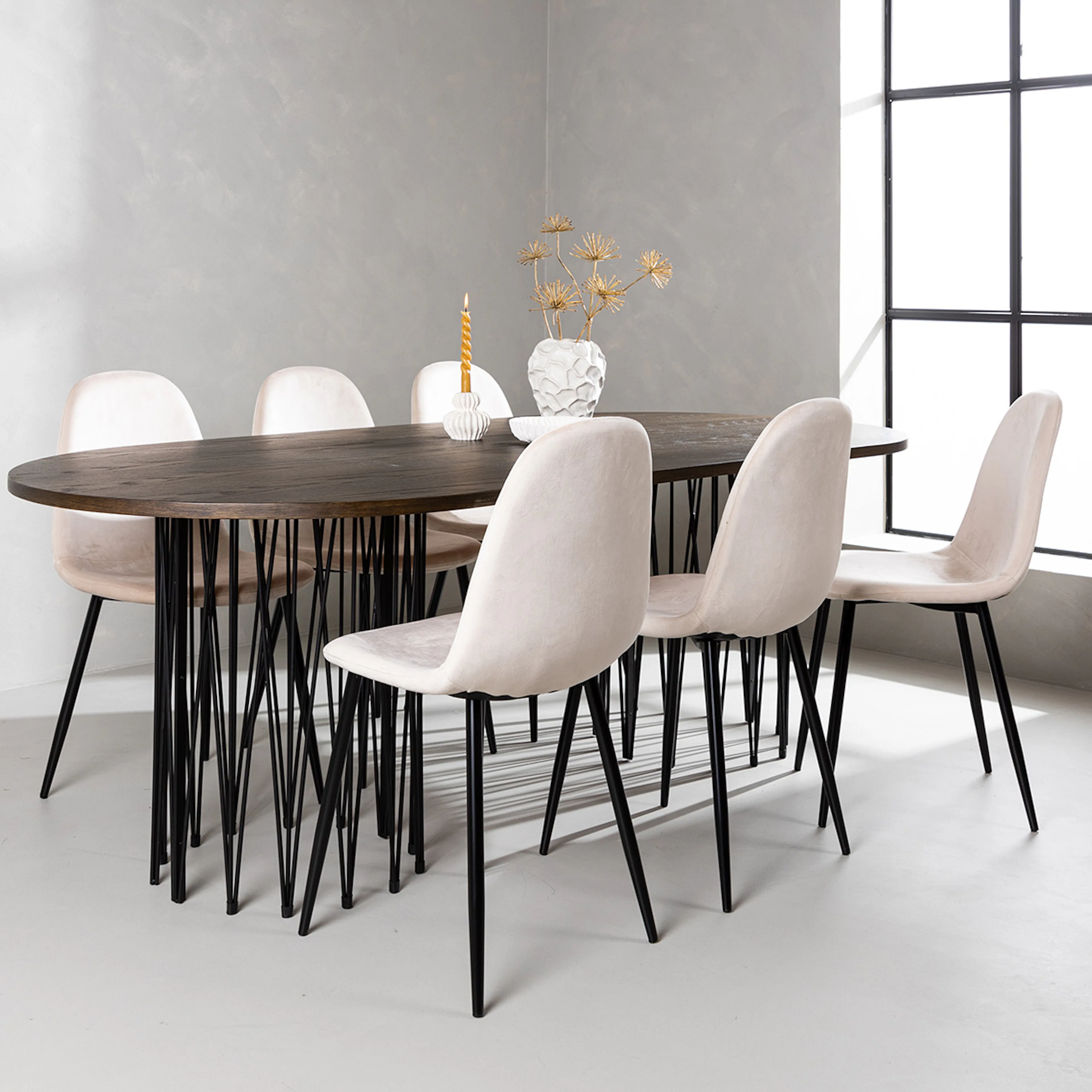 Stone oval Dining Table - Black / Mocca Veneer +Polar Dining Beige/Ek