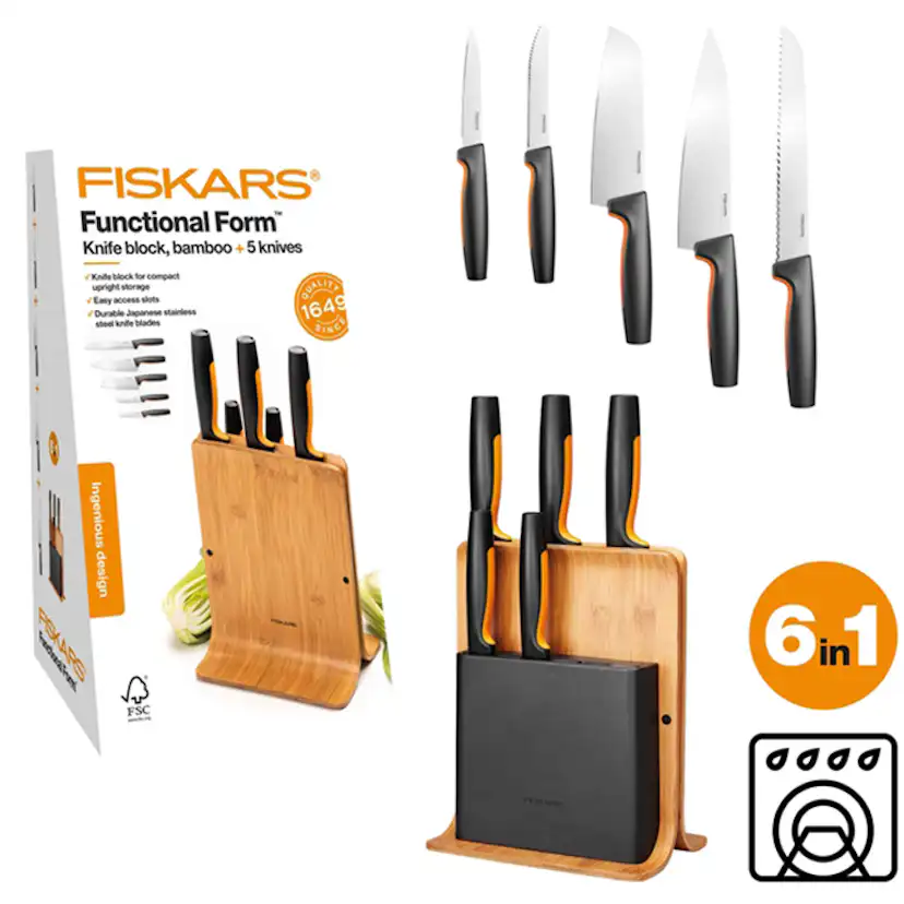 Knivblock Fiskars Functional Form i Miljövänligt Bambu Inkl 5 Proffessionella Knivar