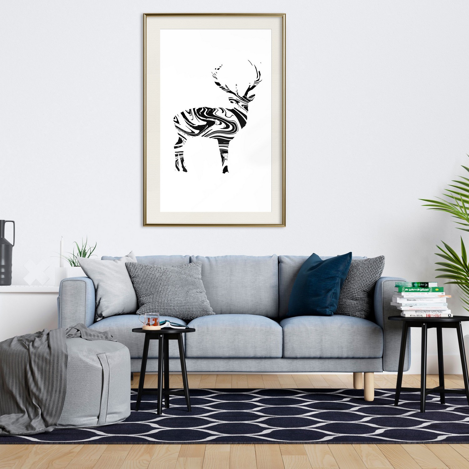 Affisch - Black and White Deer [Poster] 40x60 Guld ram med passepartout, 40x60 cm
