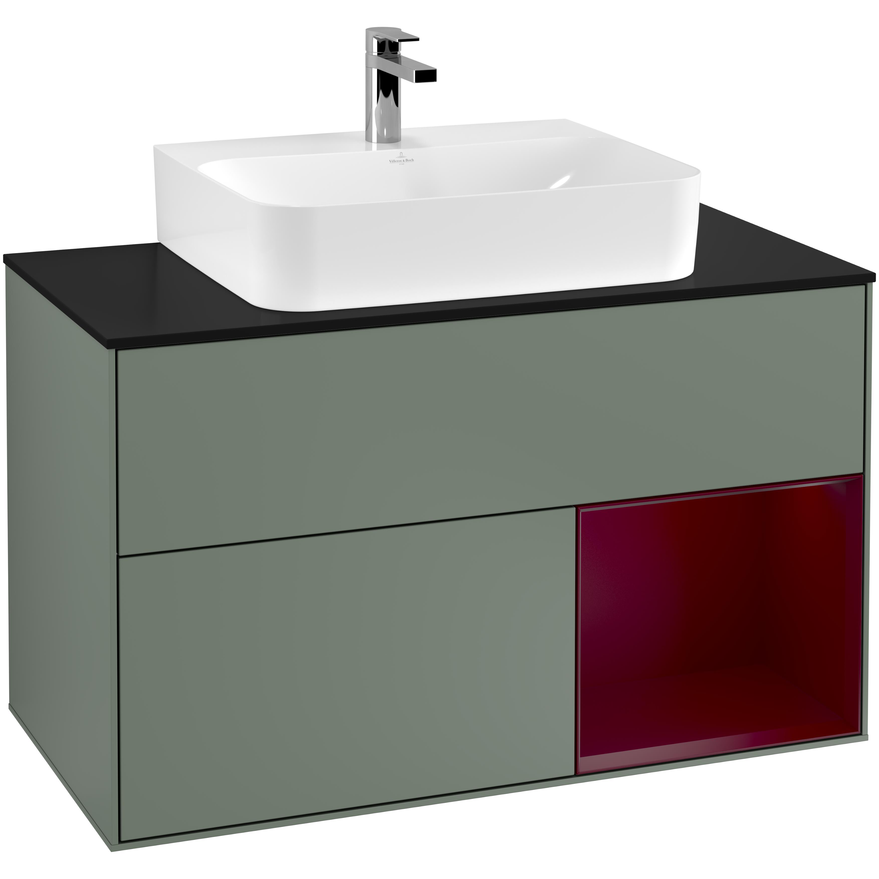 Tvättställsskåp Villeroy & Boch Finion G122HBGM Oliv Mattlack/Pion Mattlack med bänkskiva i Mattsvart glas med Väggbelysning, Lucka Höger