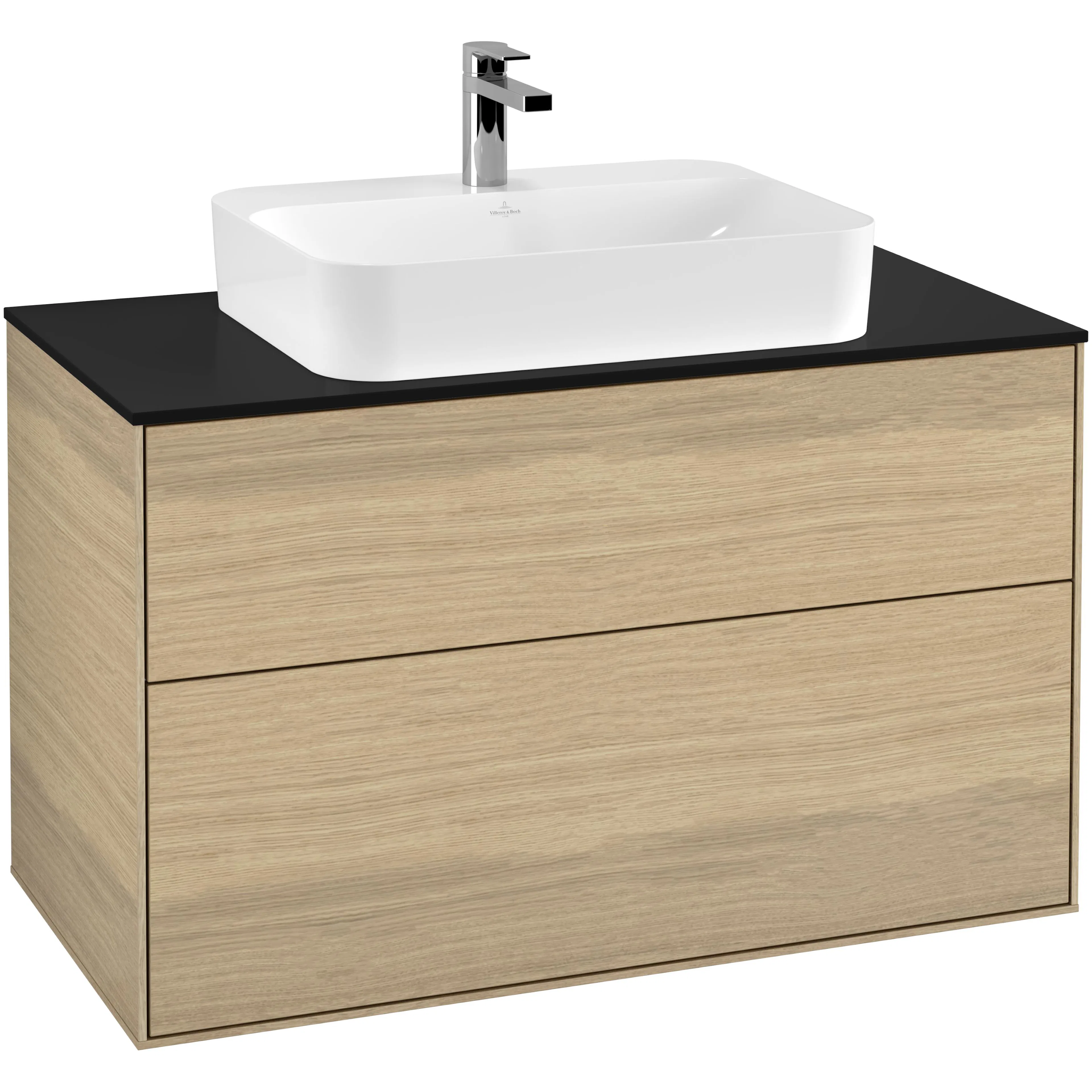 Tvättställsskåp Villeroy & Boch Finion F35200PC Ekfanér, B: 1000 mm med bänkskiva i Mattsvart glas
