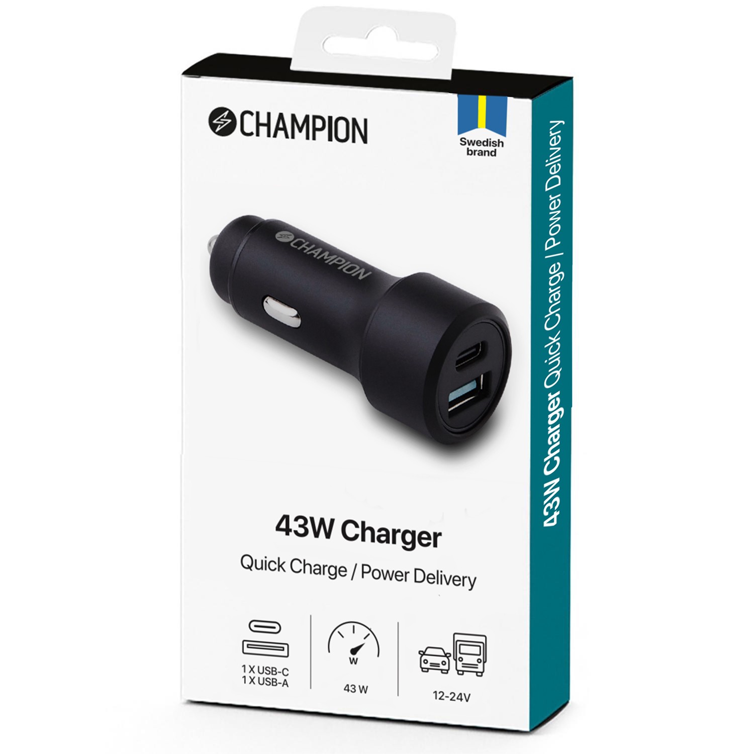 Billaddare Champion 43W 2-port QC/PD Svart