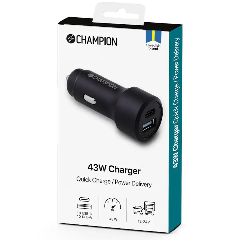 Billaddare Champion 43W 2-port QC/PD Svart