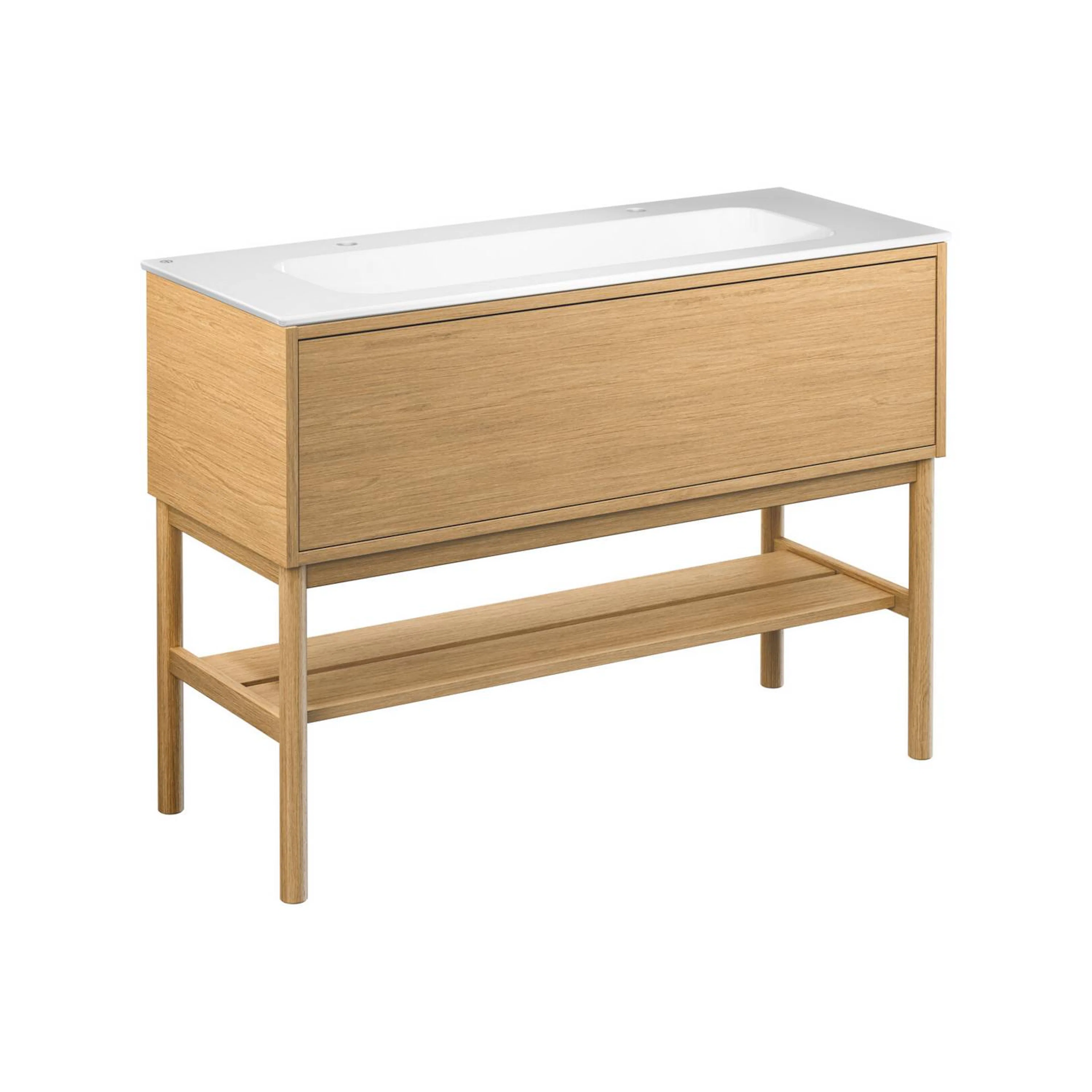 Kommod Ducentic Ljus ek - 120 cm. Porslinstvättställ, Vit, f Ljus Ek, Hål för 2 st Singelhålsblandare