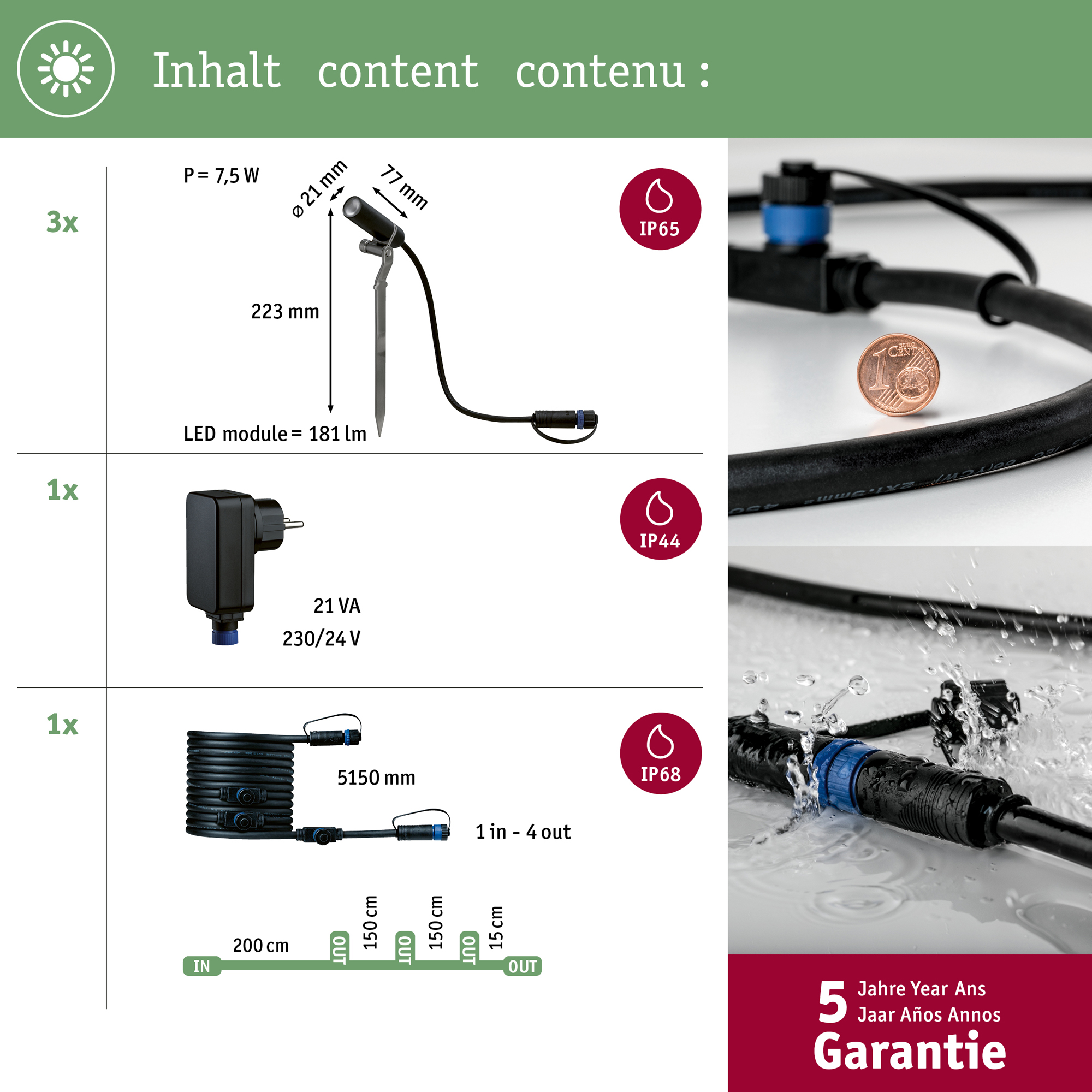 Spotlight Paulmann Plantini Plug & Shine LED IP65 24V 3-pack med Kabel och Transformator