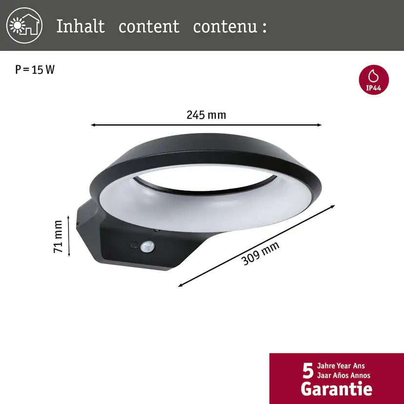 Fasadbelysning LED Paulmann Anela med Skymningsstyrd rörelsedetektor IP44 230V Ljus: Gold Light (insektsvänlig)