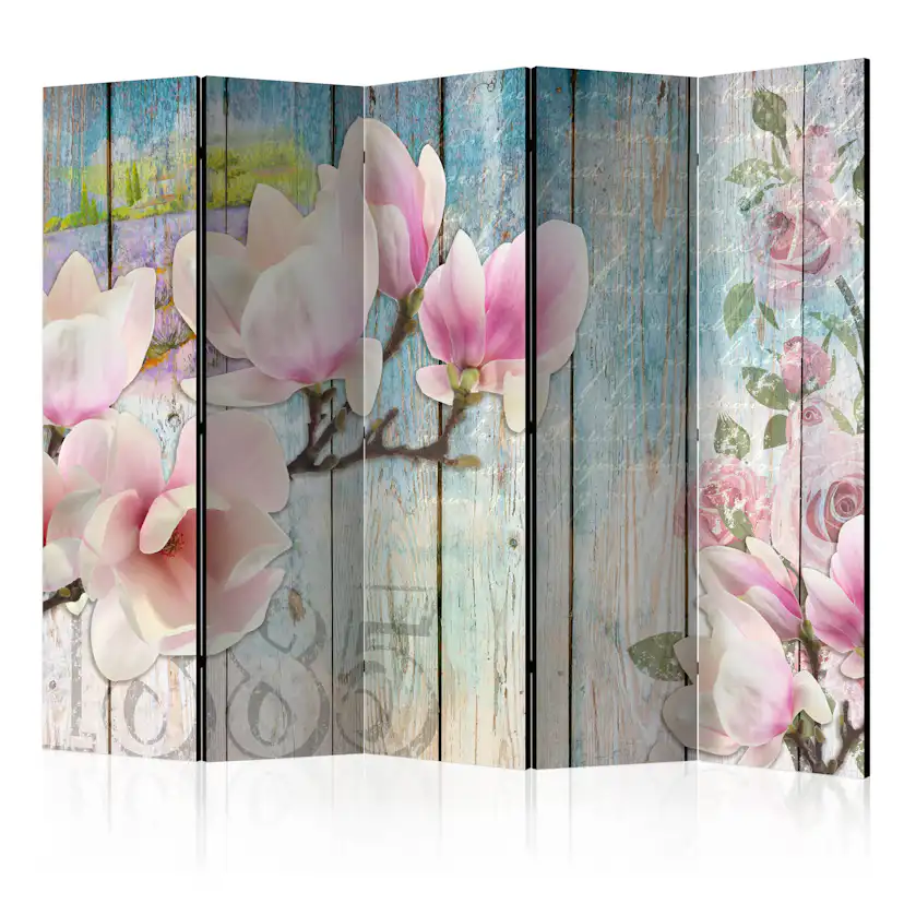 Rumsavdelare Skärmvägg Arkiio Pink Flowers on Wood II 225x172 cm