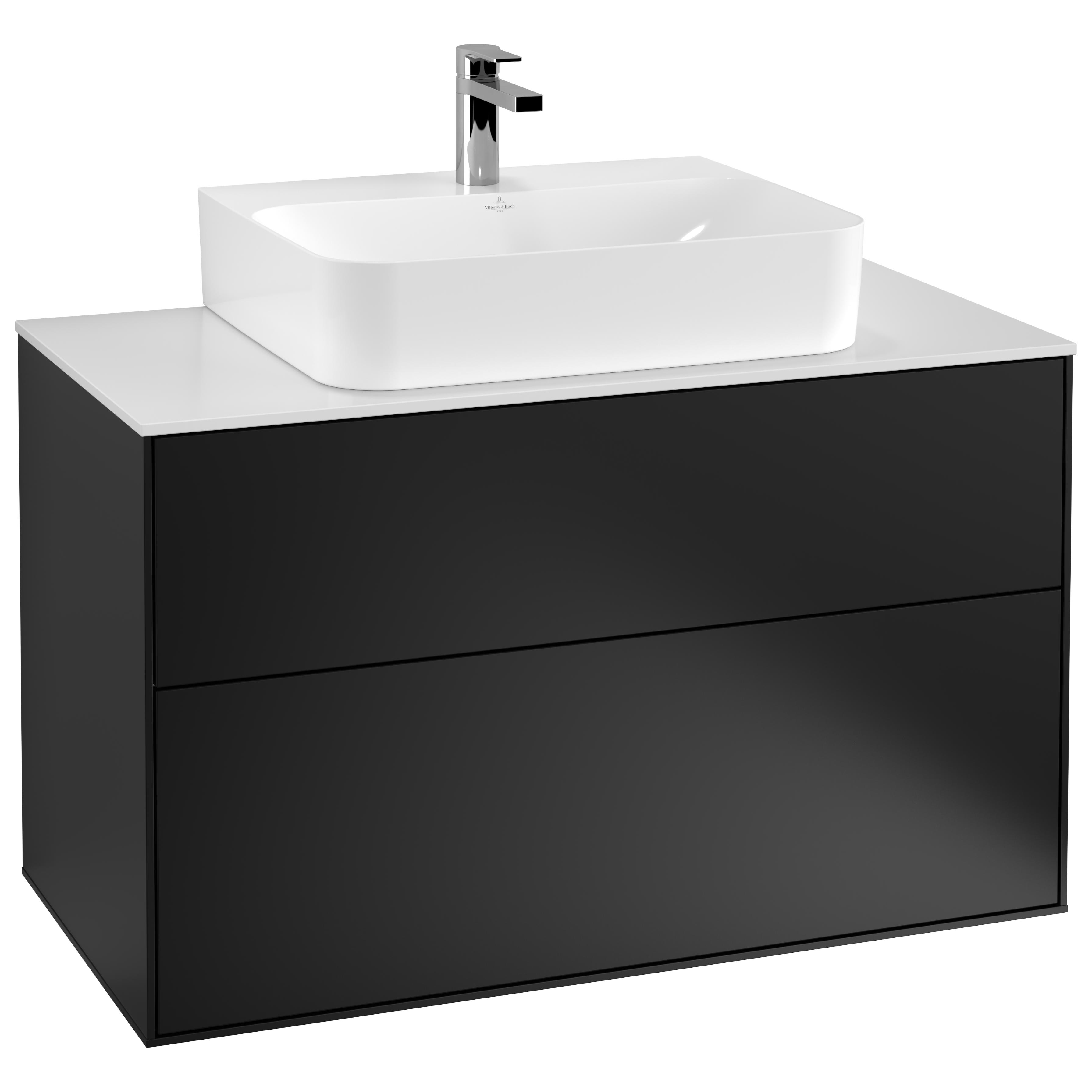 Tvättställsskåp Villeroy & Boch Finion F10100PD Svart Mattlack, B: 1000 mm med bänkskiva i Mattvitt glas