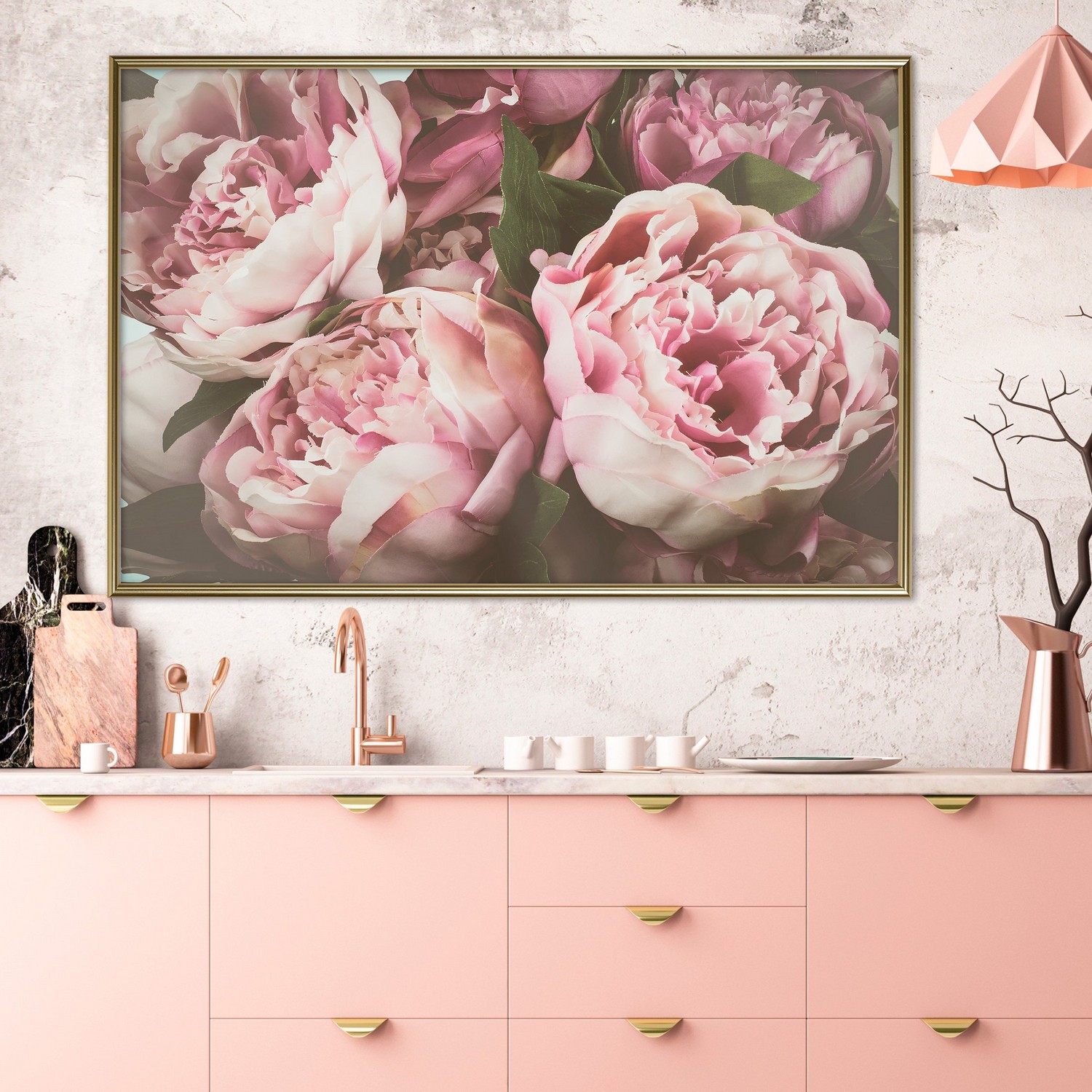 Affisch - Pink Peonies [Poster] 90x60 Guld ram, 90x60 cm