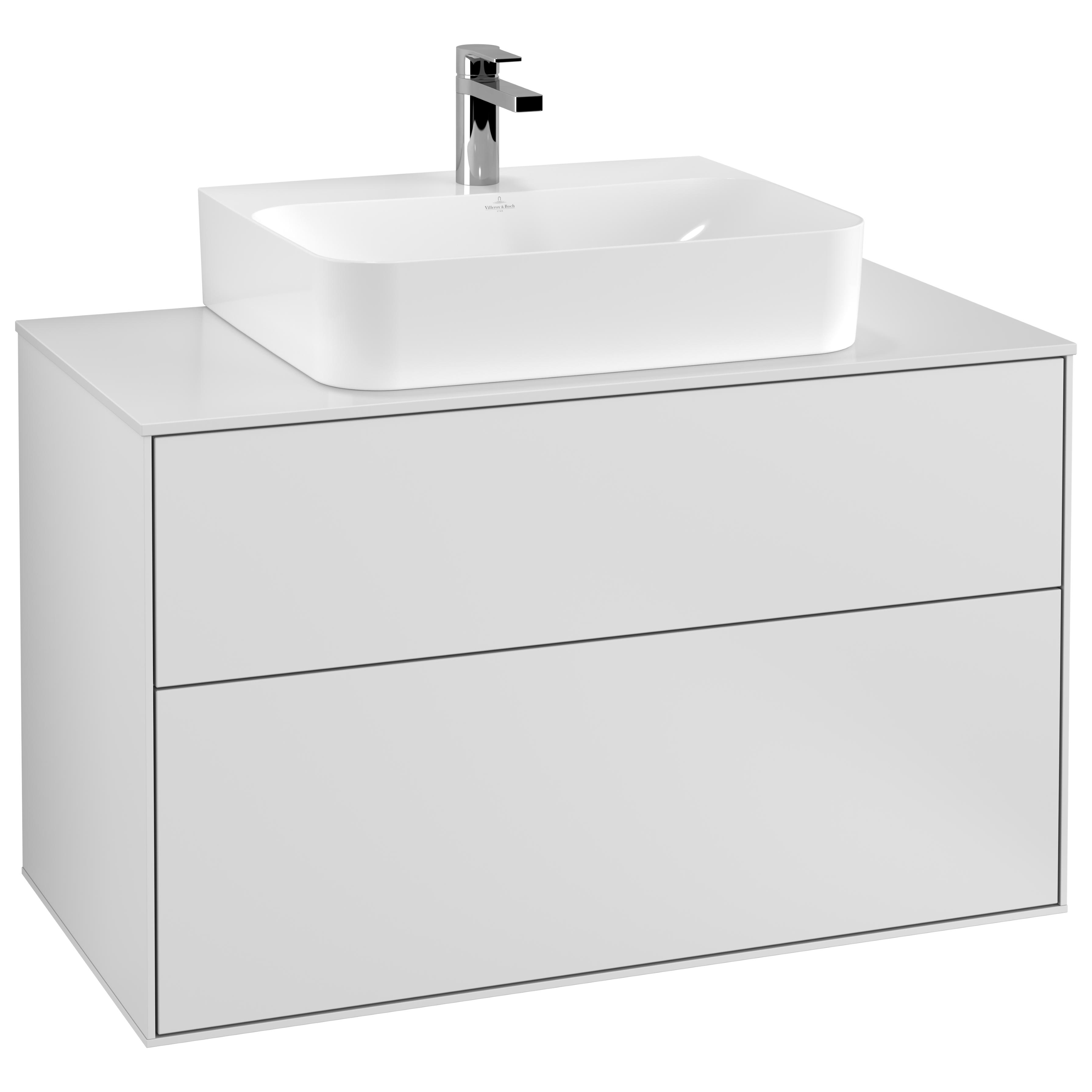 Tvättställsskåp Villeroy & Boch Finion F10100MT Vit Mattlack, B: 1000 mm med bänkskiva i Mattvitt glas
