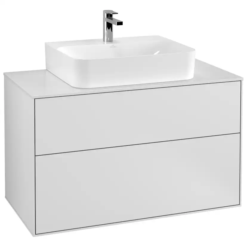 Tvättställsskåp Villeroy & Boch Finion F10100MT Vit Mattlack, B: 1000 mm med bänkskiva i Mattvitt glas