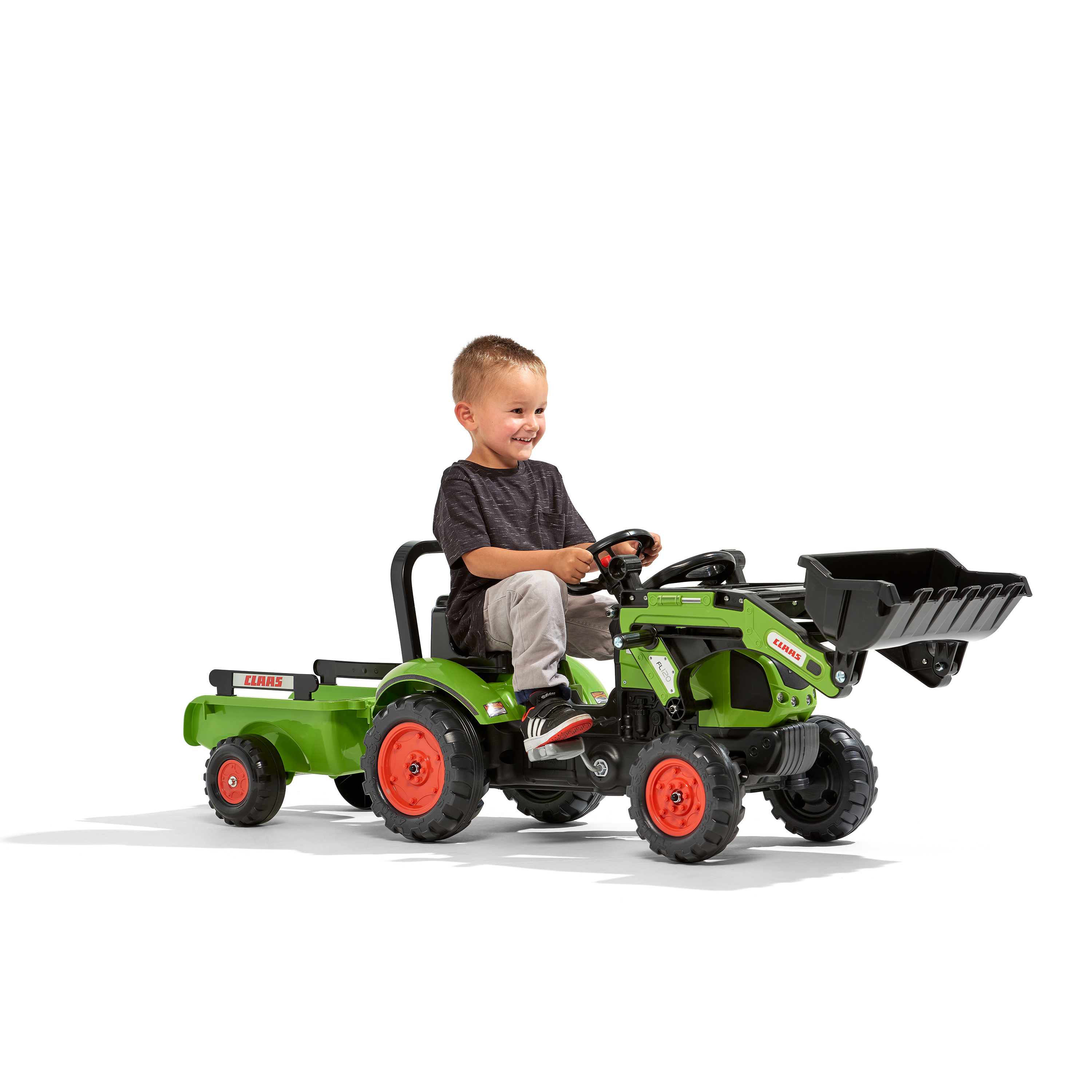 Trampbil Falk Frontlastare Claas med Vagn för Barn Grön